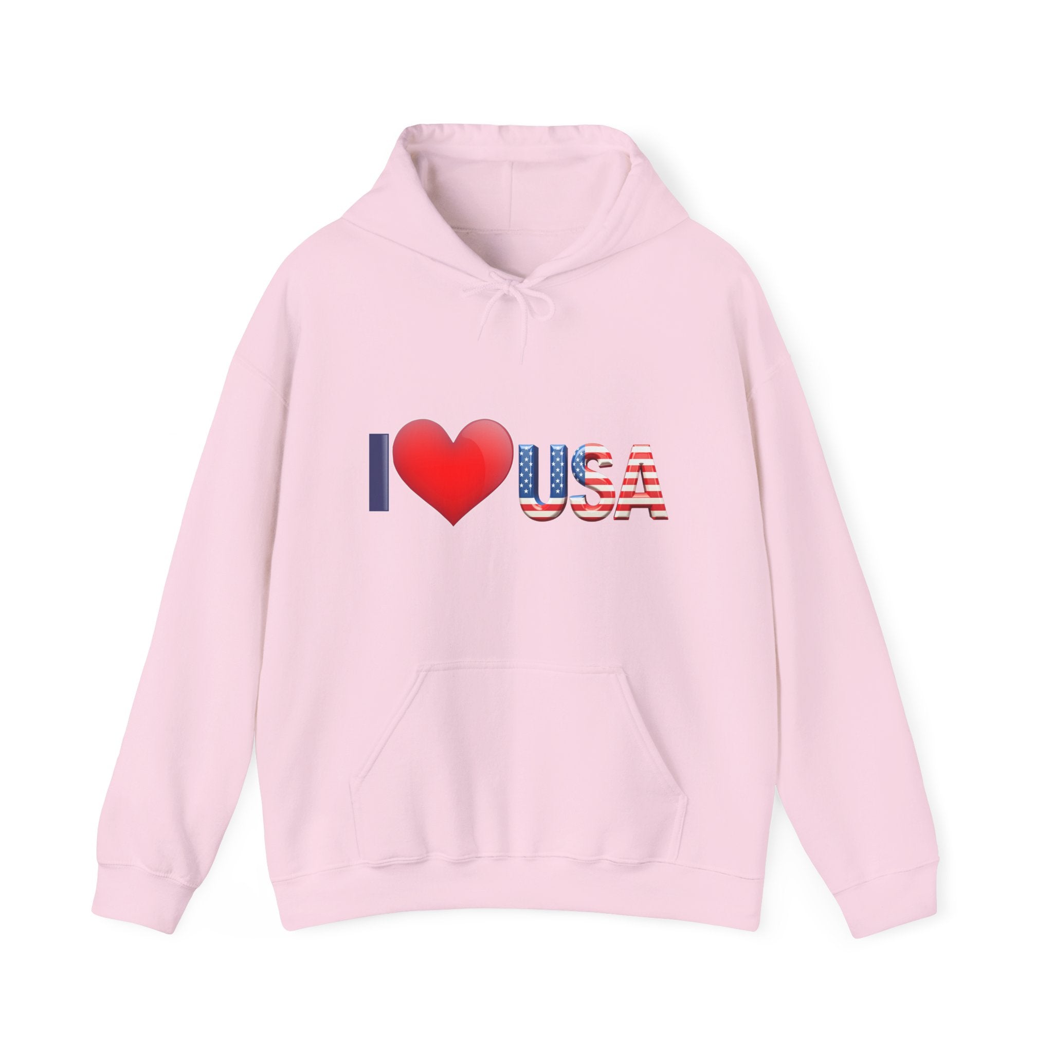 Pink hoodie with 'I ❤️ USA' text on a white background