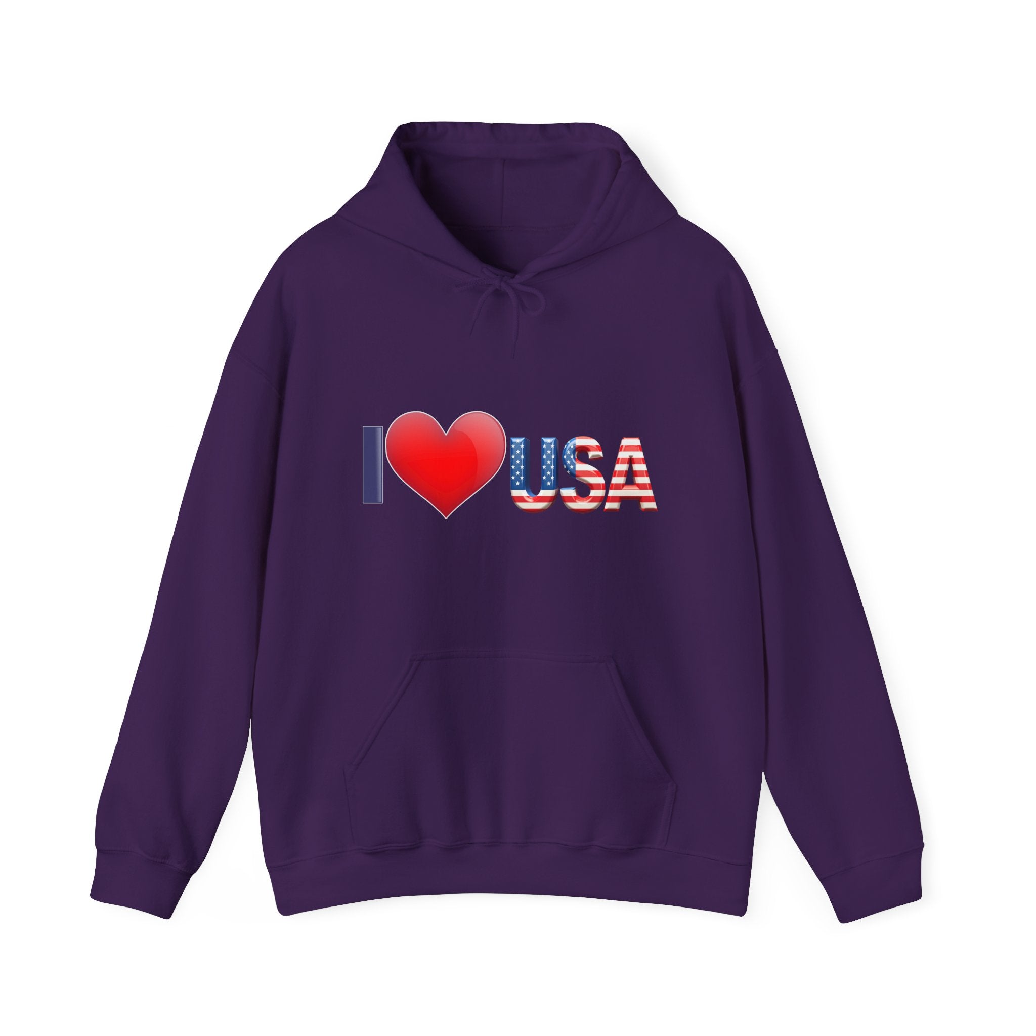 Purple hoodie with 'I ❤️ USA' text on a white background