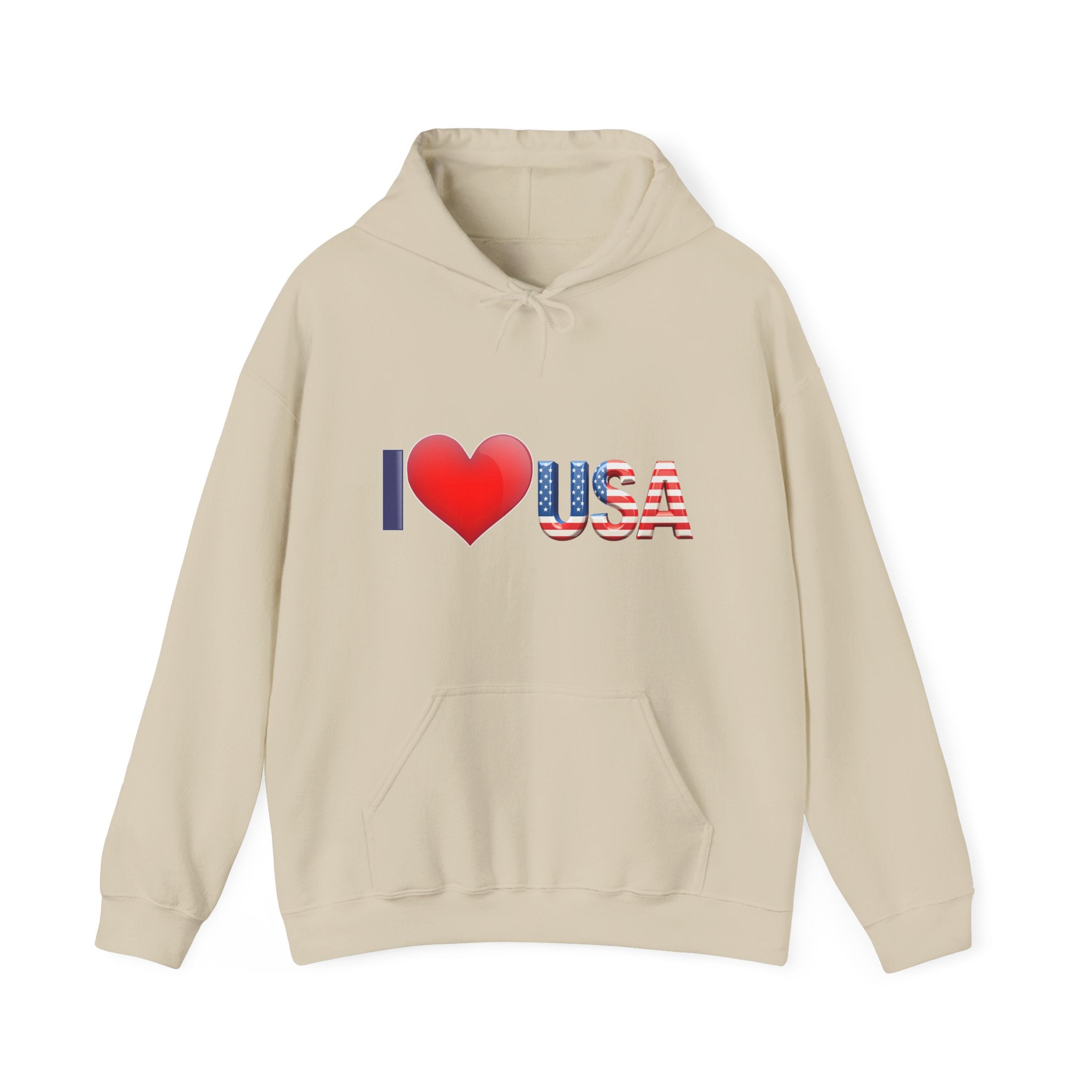 Beige hoodie with 'I ❤️ USA' text on a white background