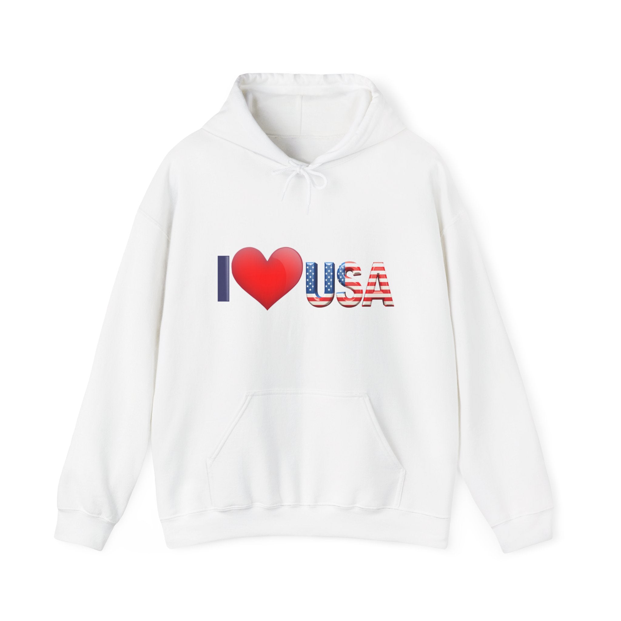 White hoodie with 'I ❤️ USA' text on a white background