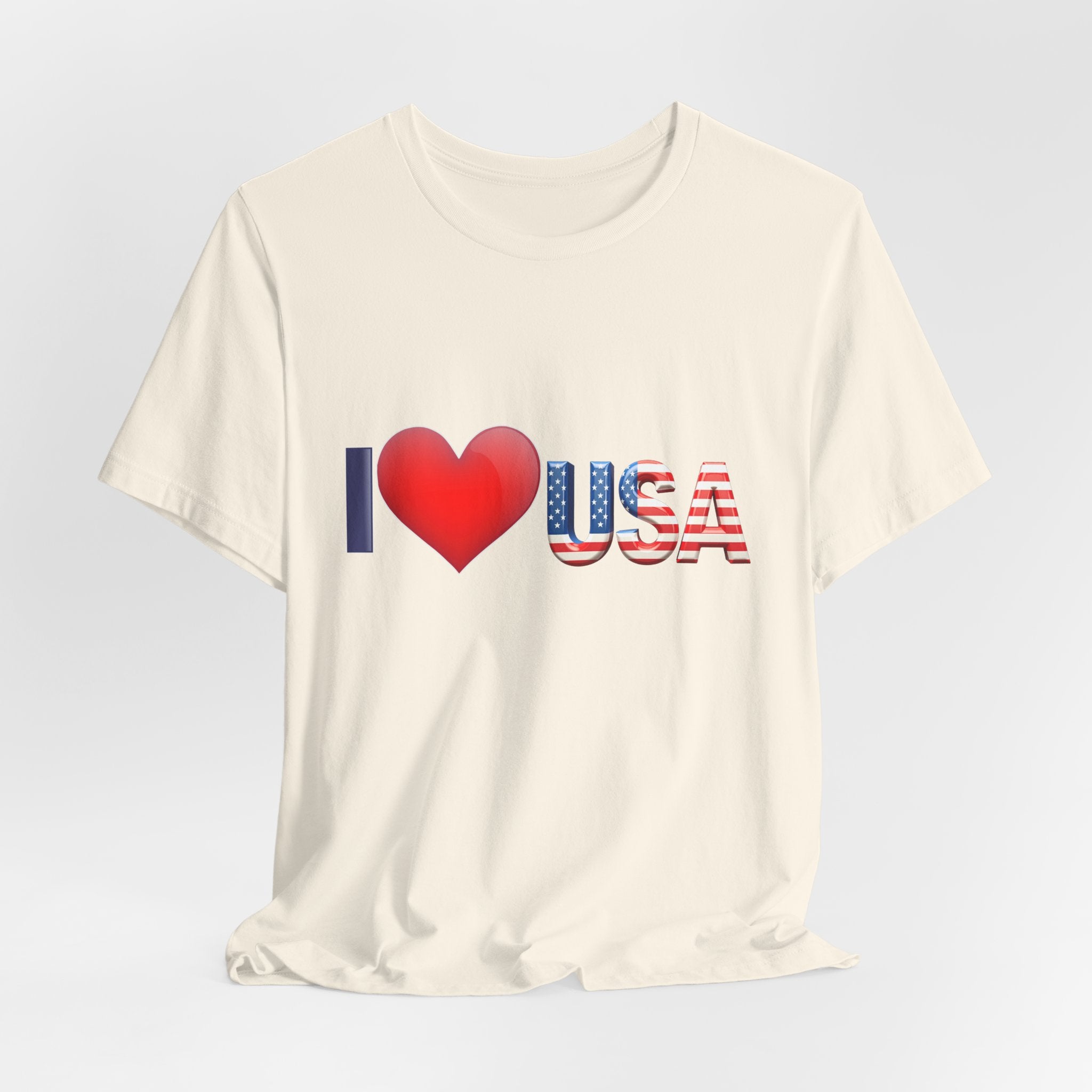 Ivory beige t-shirt with 'I ❤️ USA' design on a light gray background