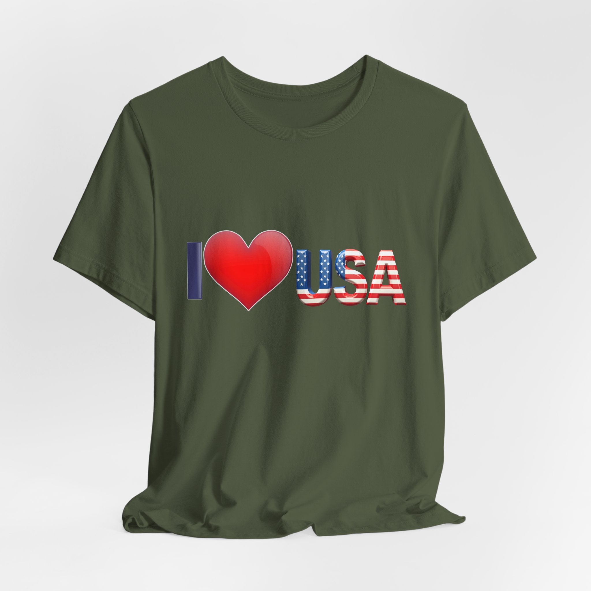 Military green t-shirt with 'I ❤️ USA' text on a white background