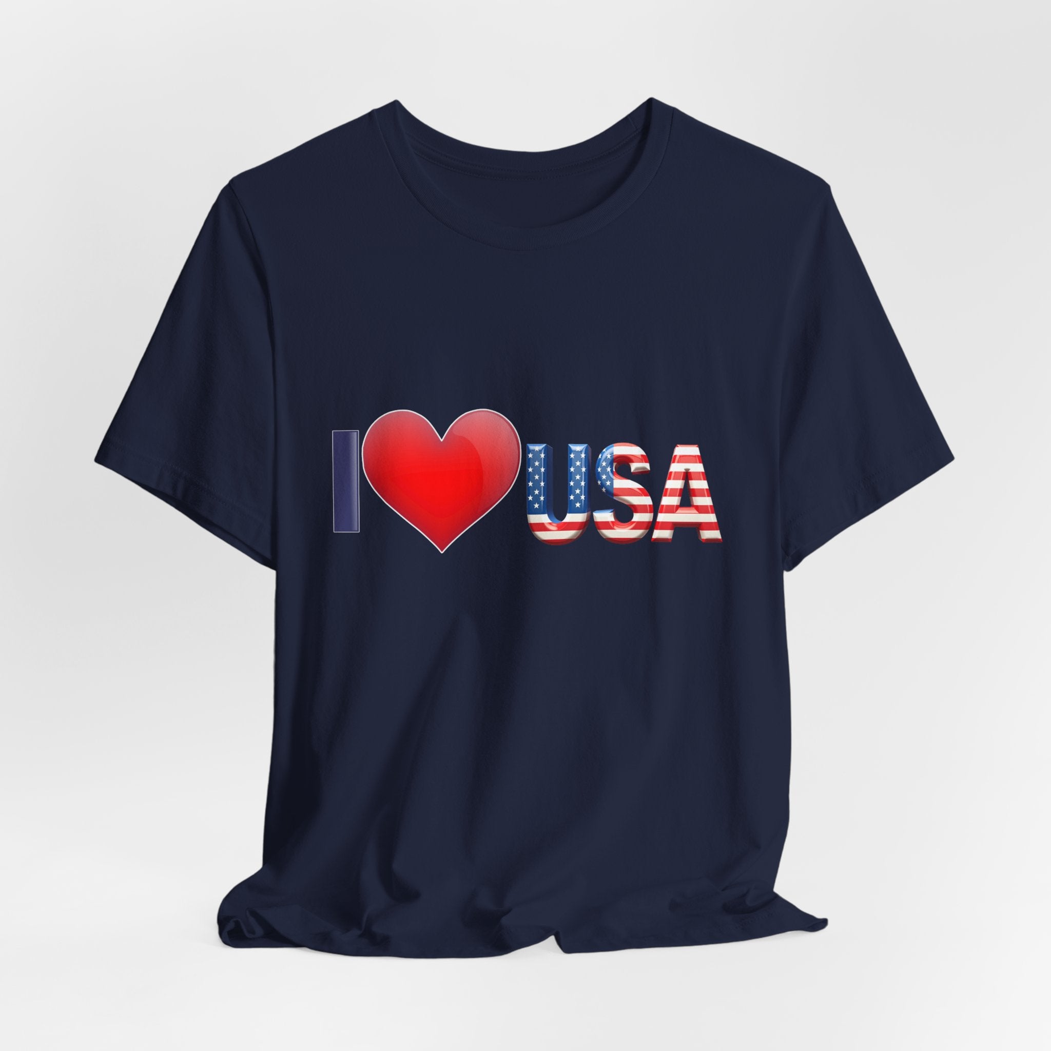Navy blue t-shirt with 'I ❤️ USA' design on a white background