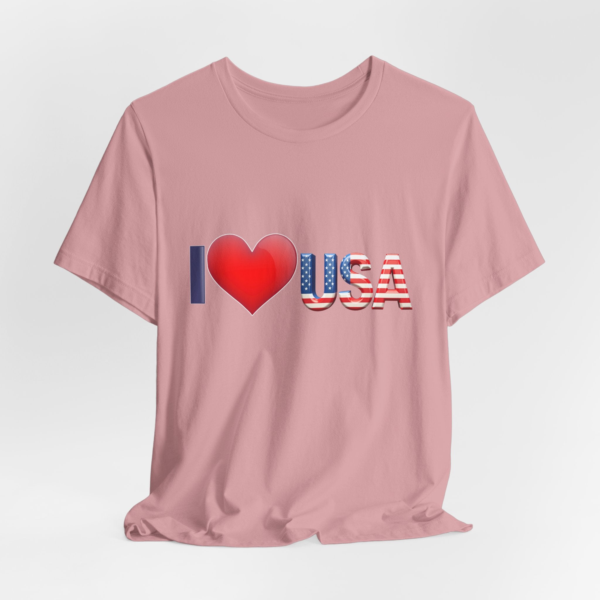 Orchid pink t-shirt with 'I ❤️ USA' design on a light gray background