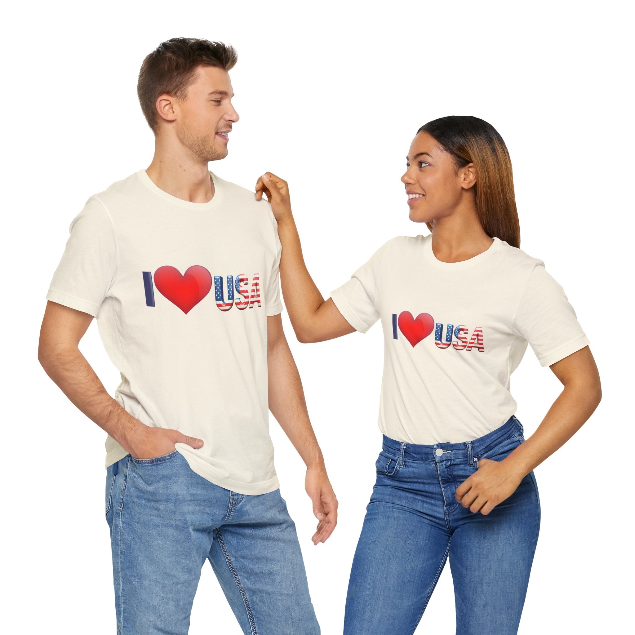 Two people wearing 'I ❤️ USA' t-shirts on a white background