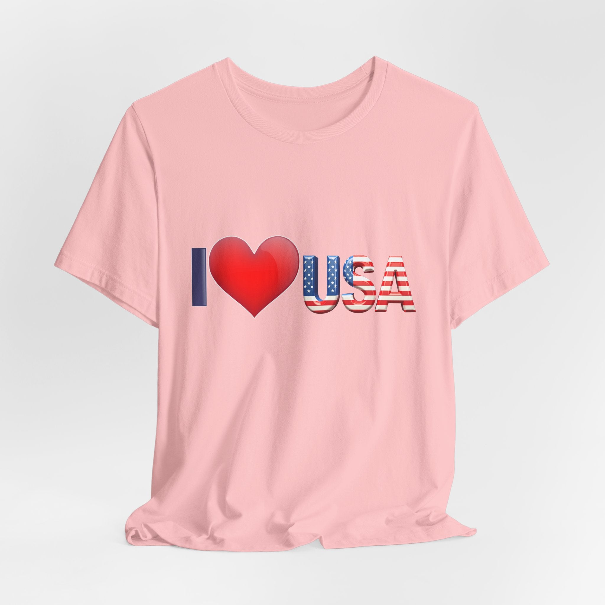 Pink t-shirt with 'I ❤️ USA' design on a light gray background