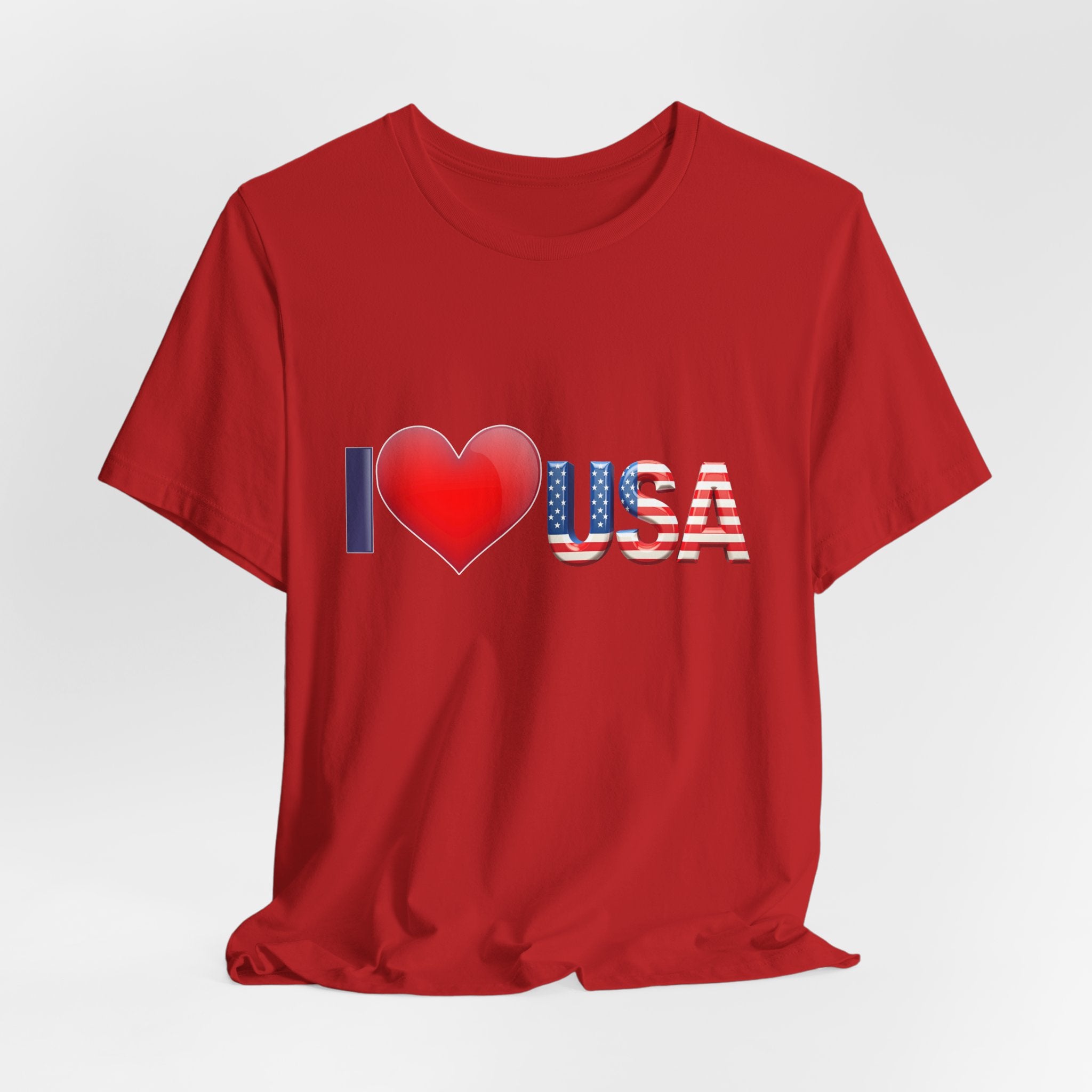 Red t-shirt with 'I ❤️ USA' design on a white background