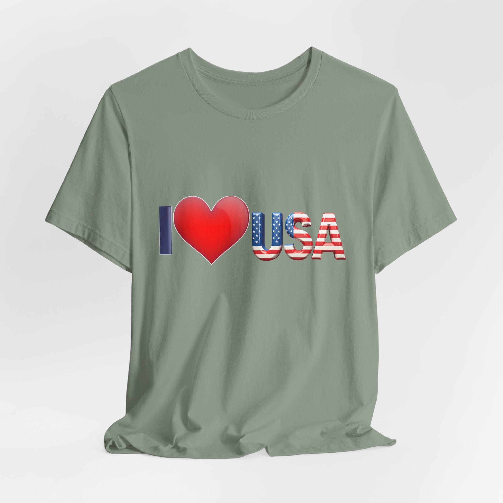 Sage green t-shirt with 'I ❤️ USA' text on a white background