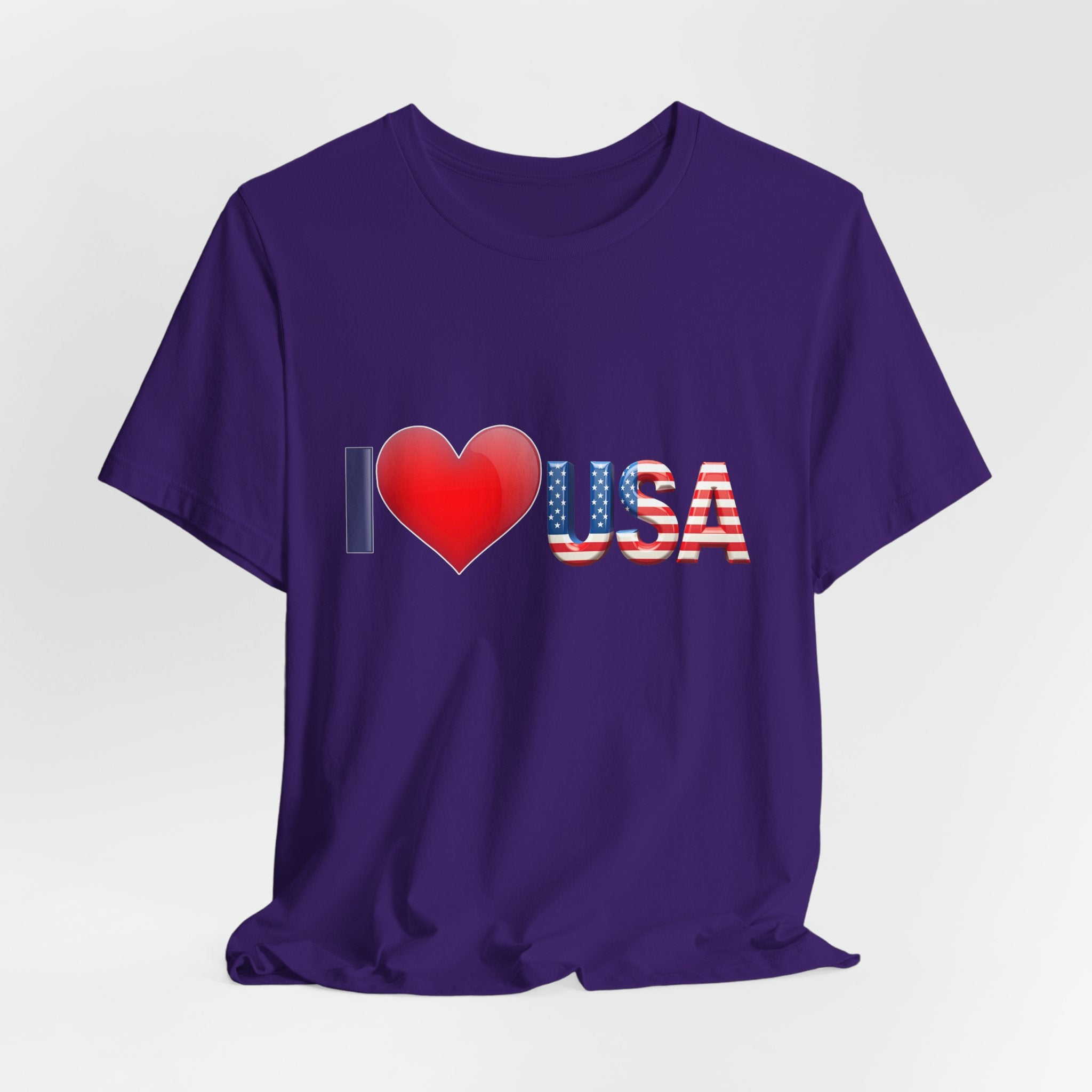 Purple t-shirt with 'I ❤️ USA' design on a white background