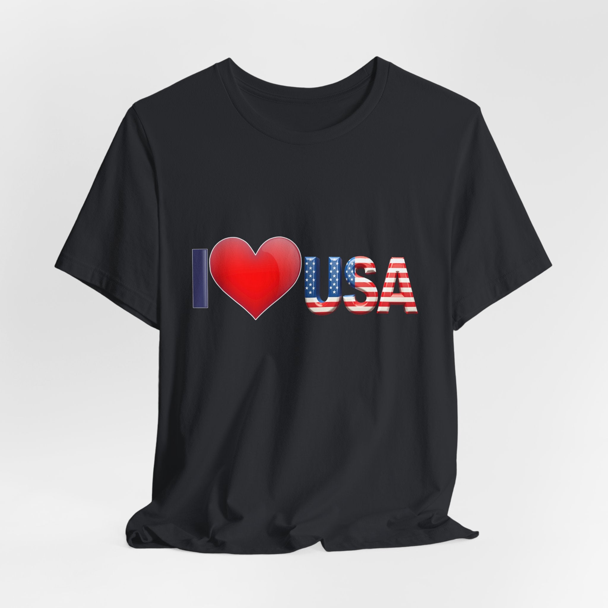 Vintage black t-shirt with 'I ❤️ USA' text on a white background