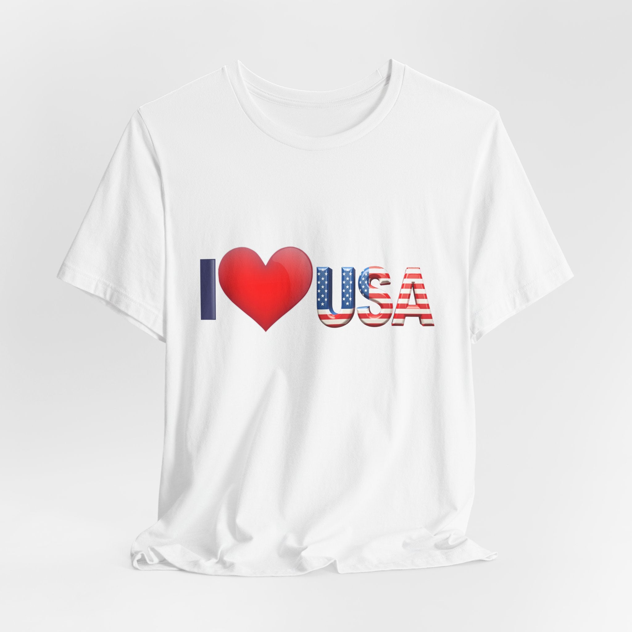 White t-shirt with 'I ❤️ USA' design on a white background