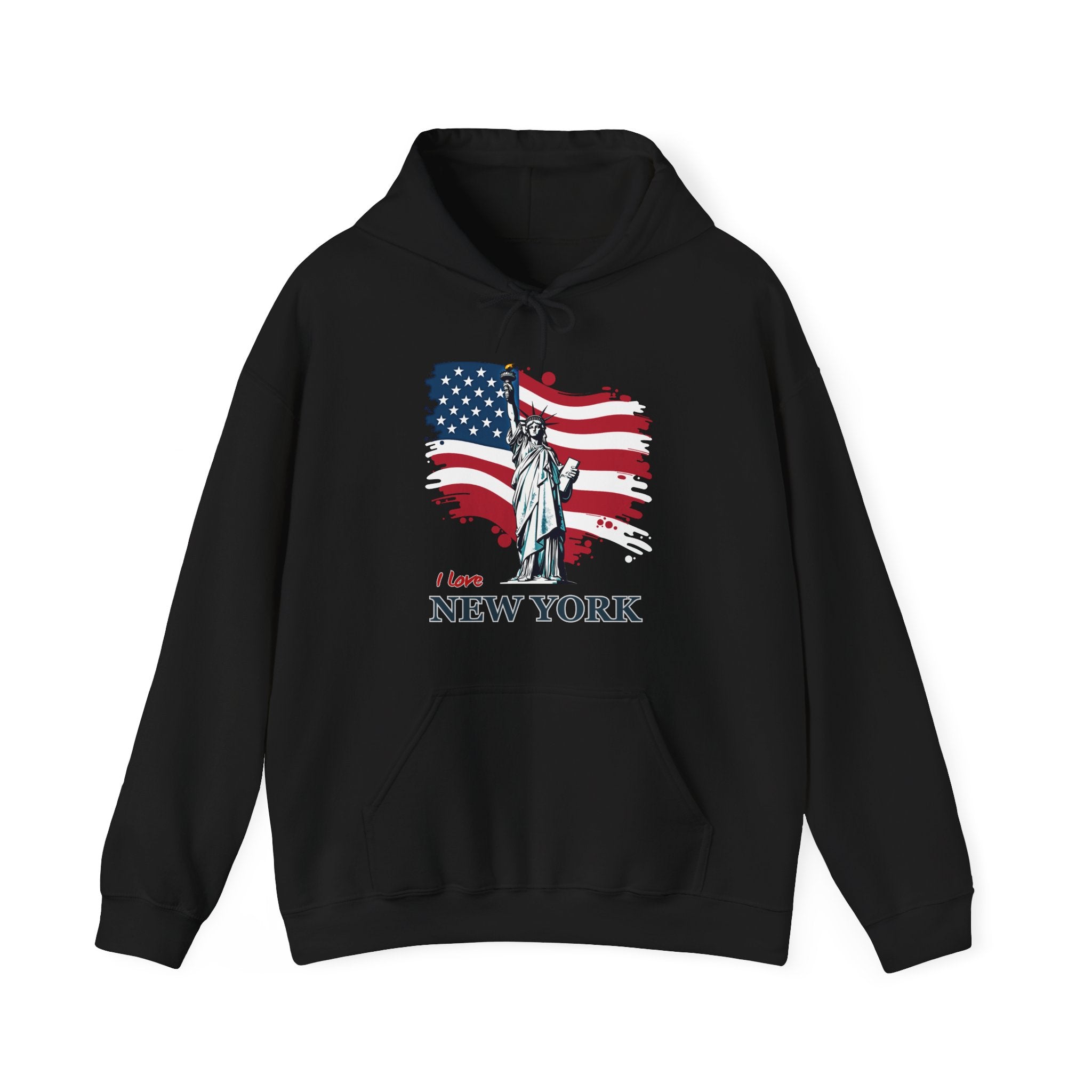 Black hoodie with Statue of Liberty and American flag design on a white background