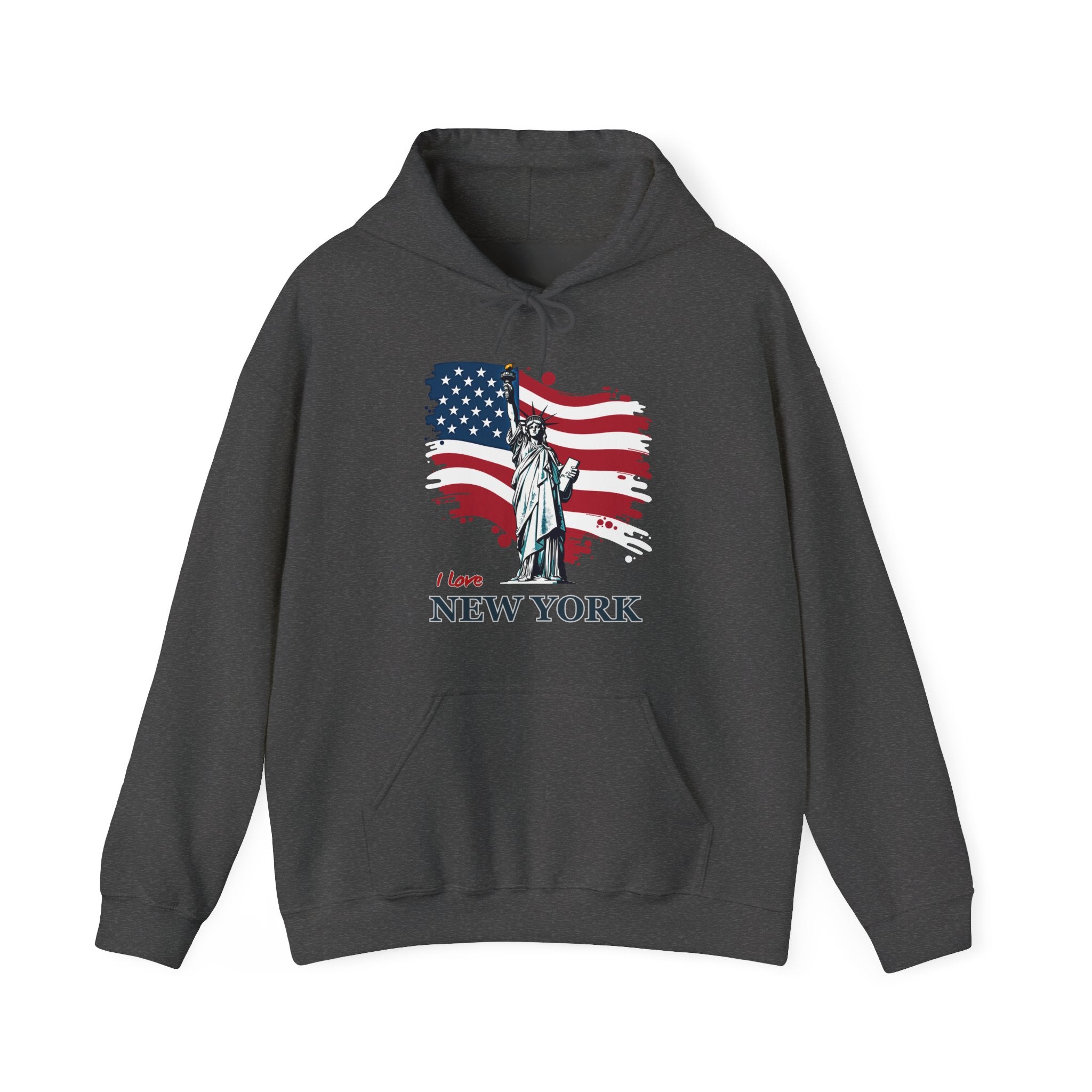 Gray hoodie with Statue of Liberty and American flag design on a white background