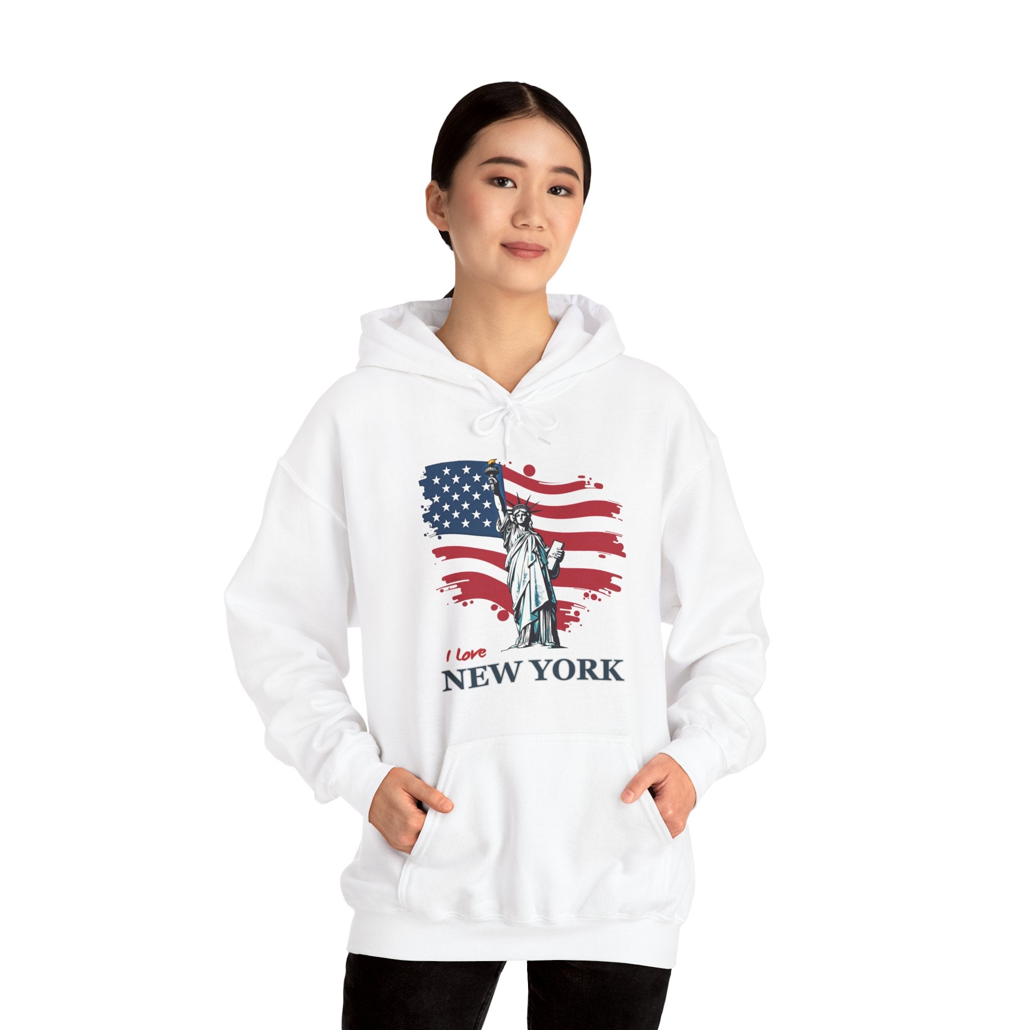 White hoodie with Statue of Liberty and American flag design, worn by a person on a white background