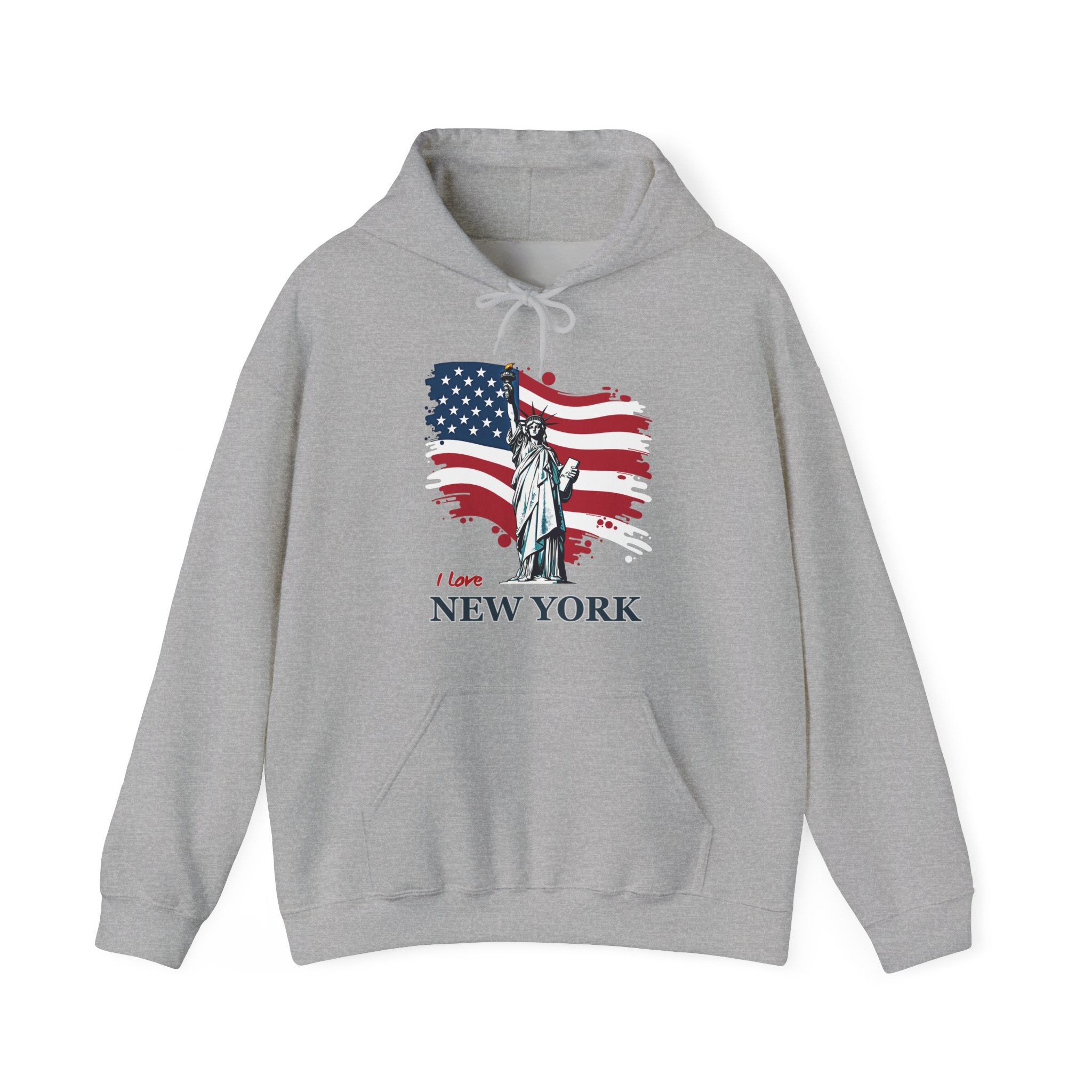 Gray hoodie with Statue of Liberty and American flag design on a white background