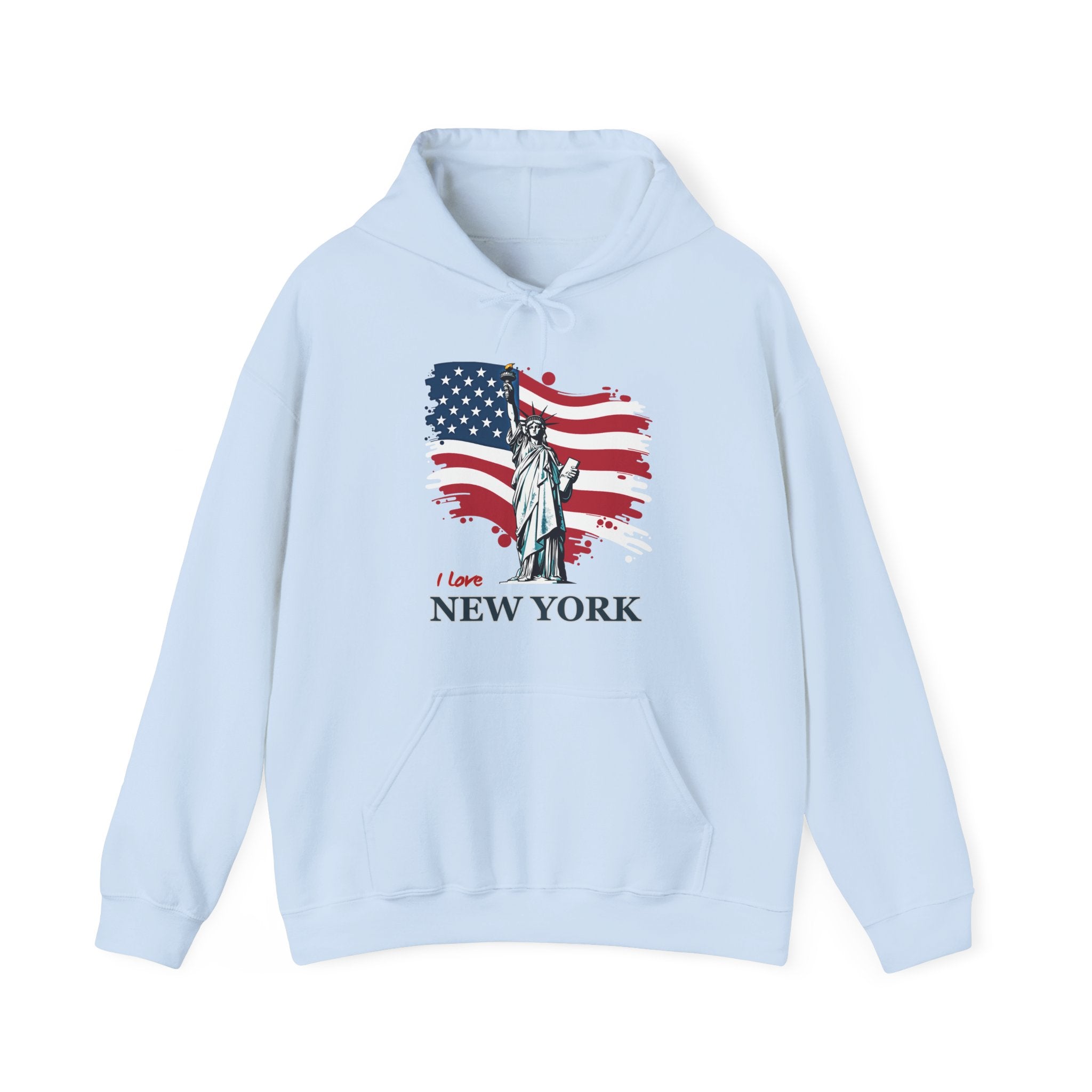 Light blue hoodie with Statue of Liberty and American flag design on a white background