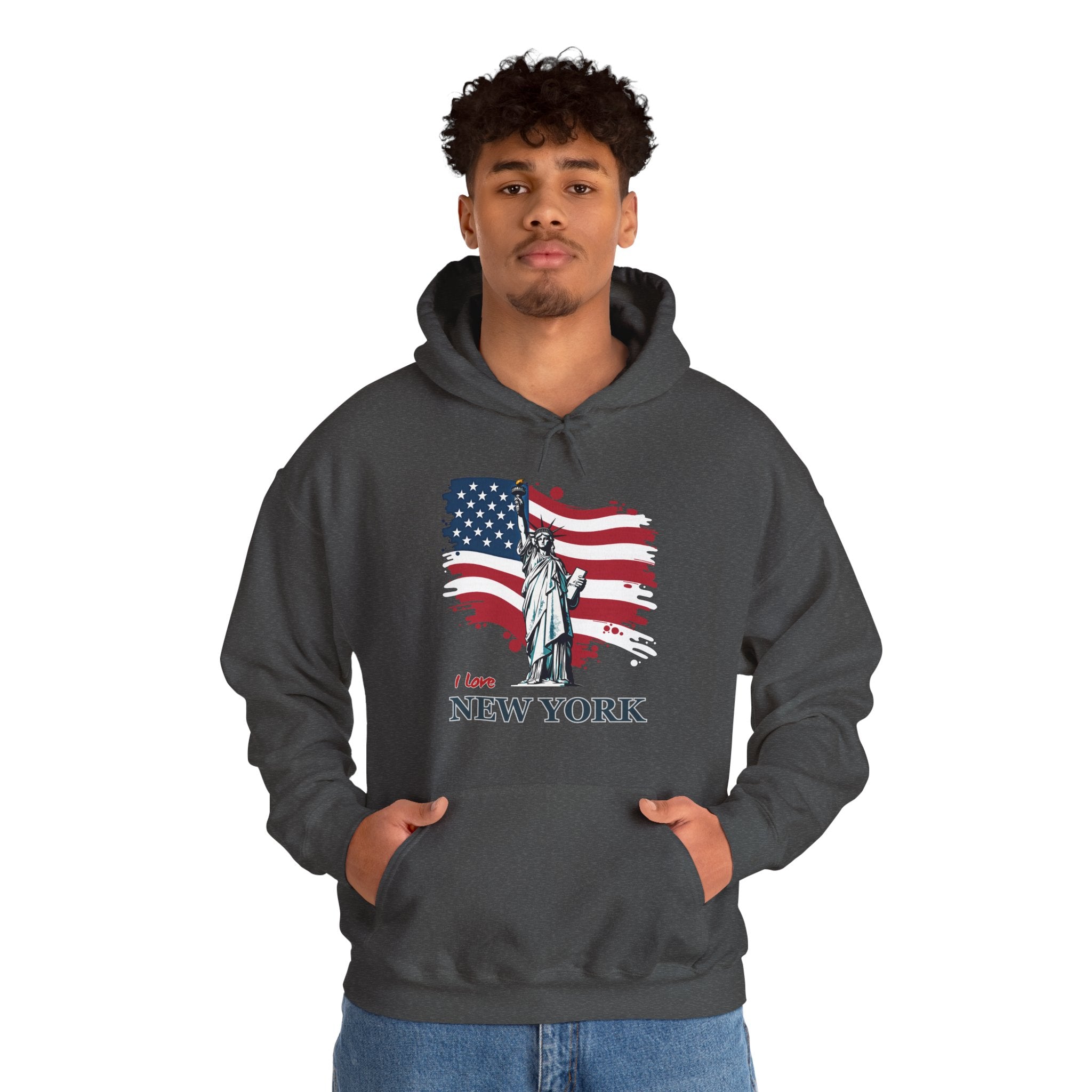 Person wearing a dark gray hoodie with a Statue of Liberty design on a white background