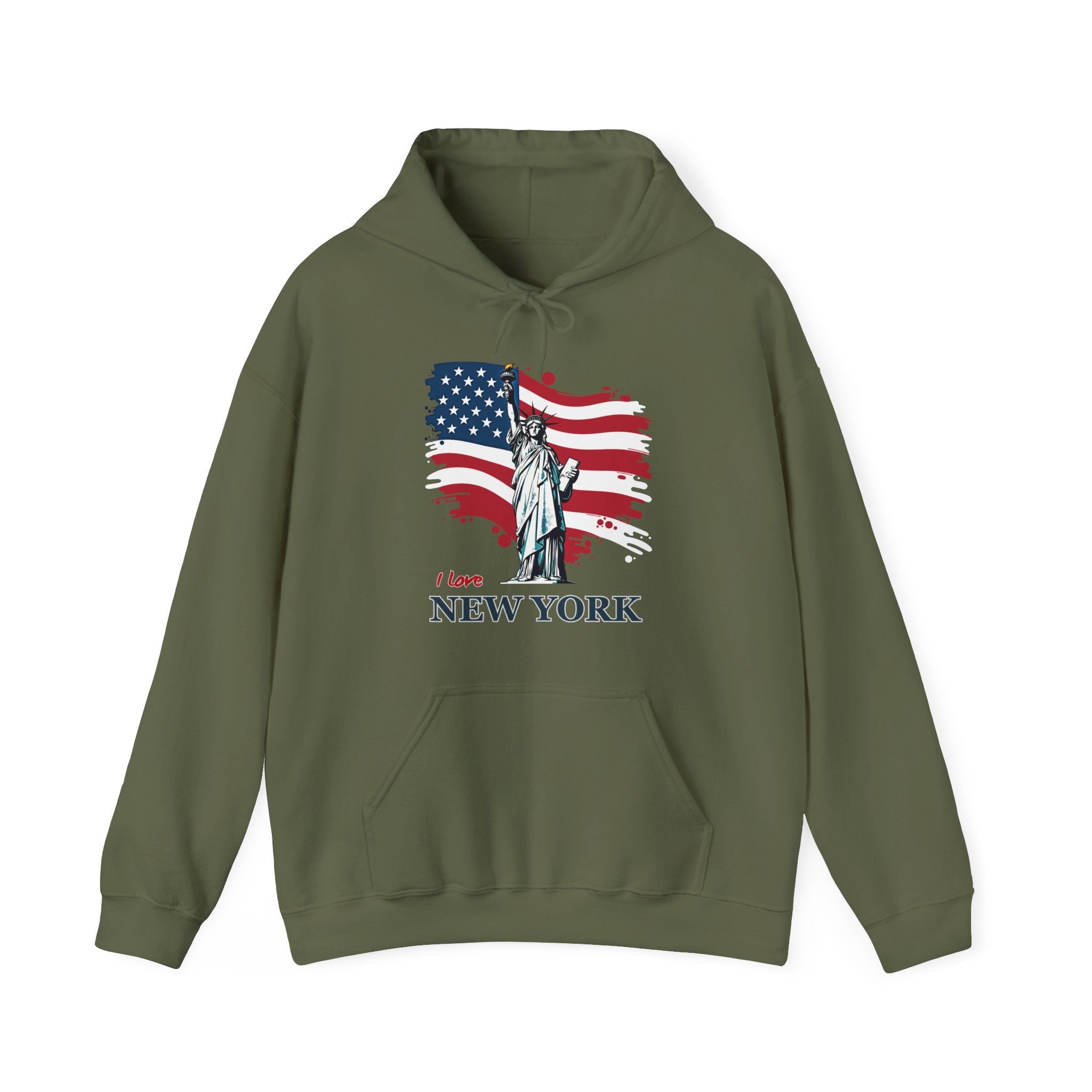 Military green hoodie with American flag and Statue of Liberty graphic on a white background
