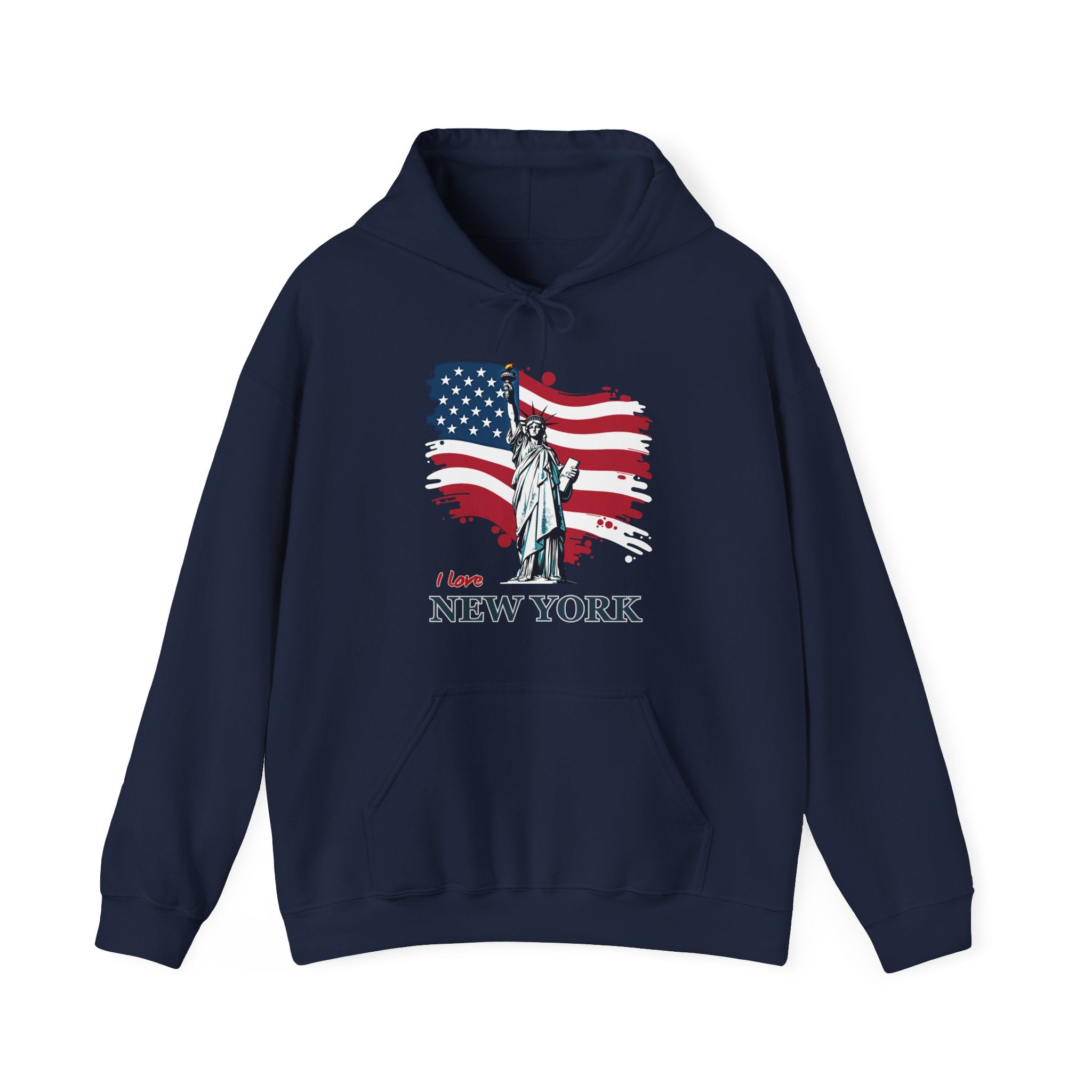 Navy blue hoodie with Statue of Liberty and American flag design on a white background