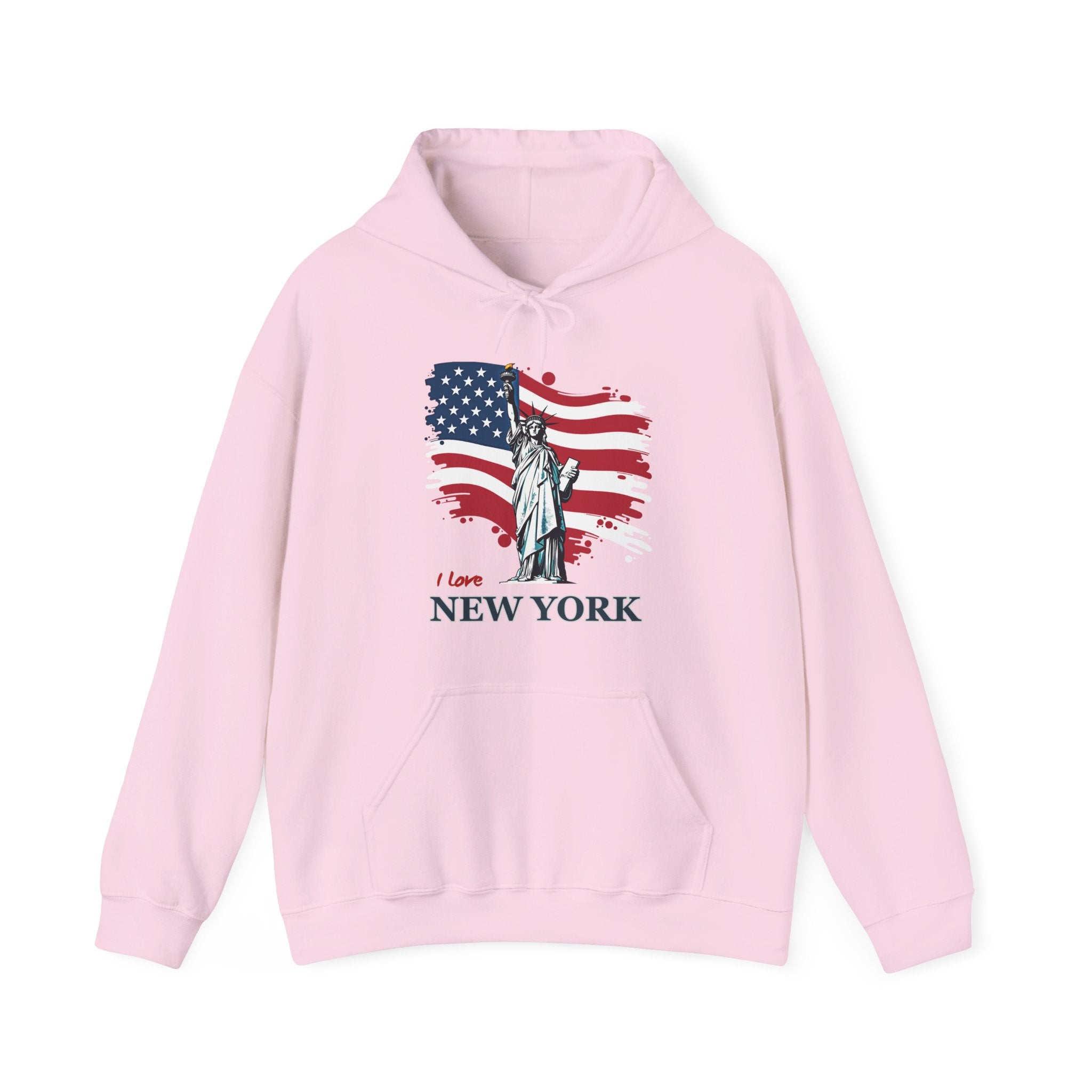 Pink hoodie with Statue of Liberty and American flag design on a white background