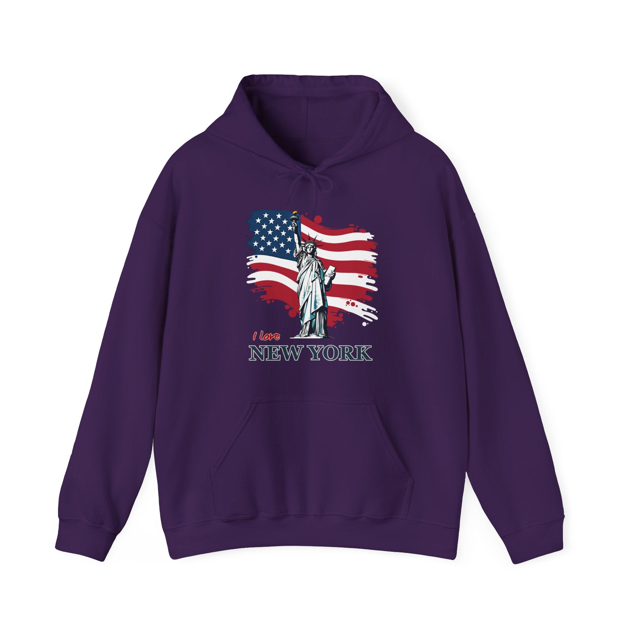 Purple hoodie with Statue of Liberty and American flag design on a white background
