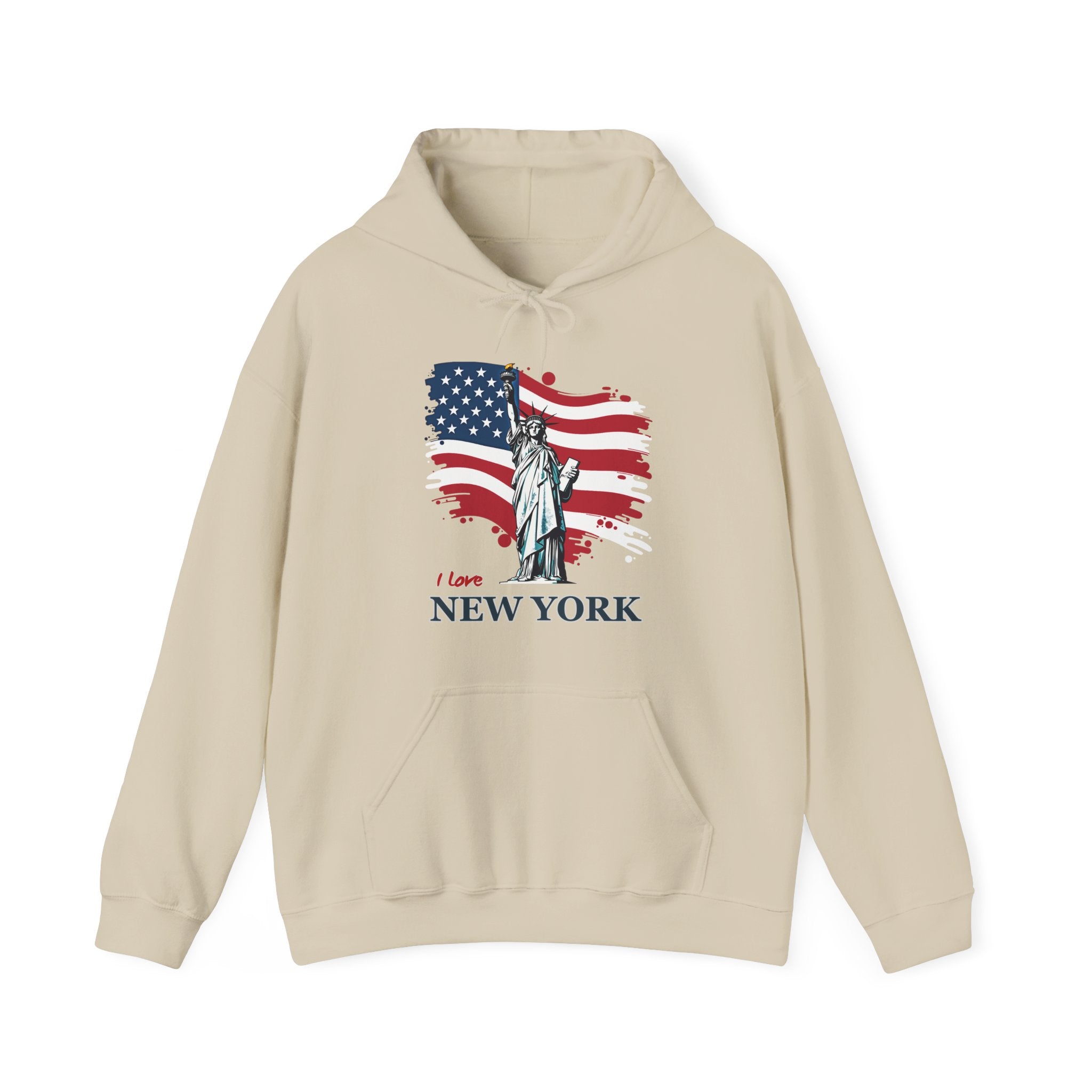 Beige hoodie with Statue of Liberty and American flag design on a white background
