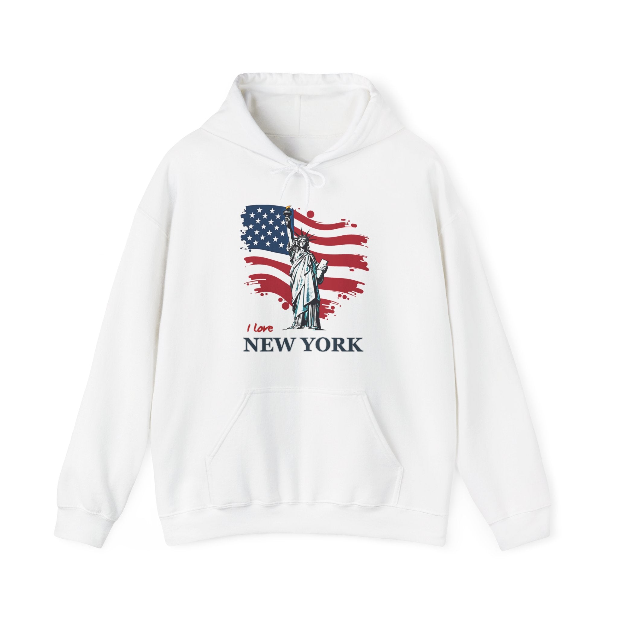 White hoodie with Statue of Liberty and American flag design on a white background