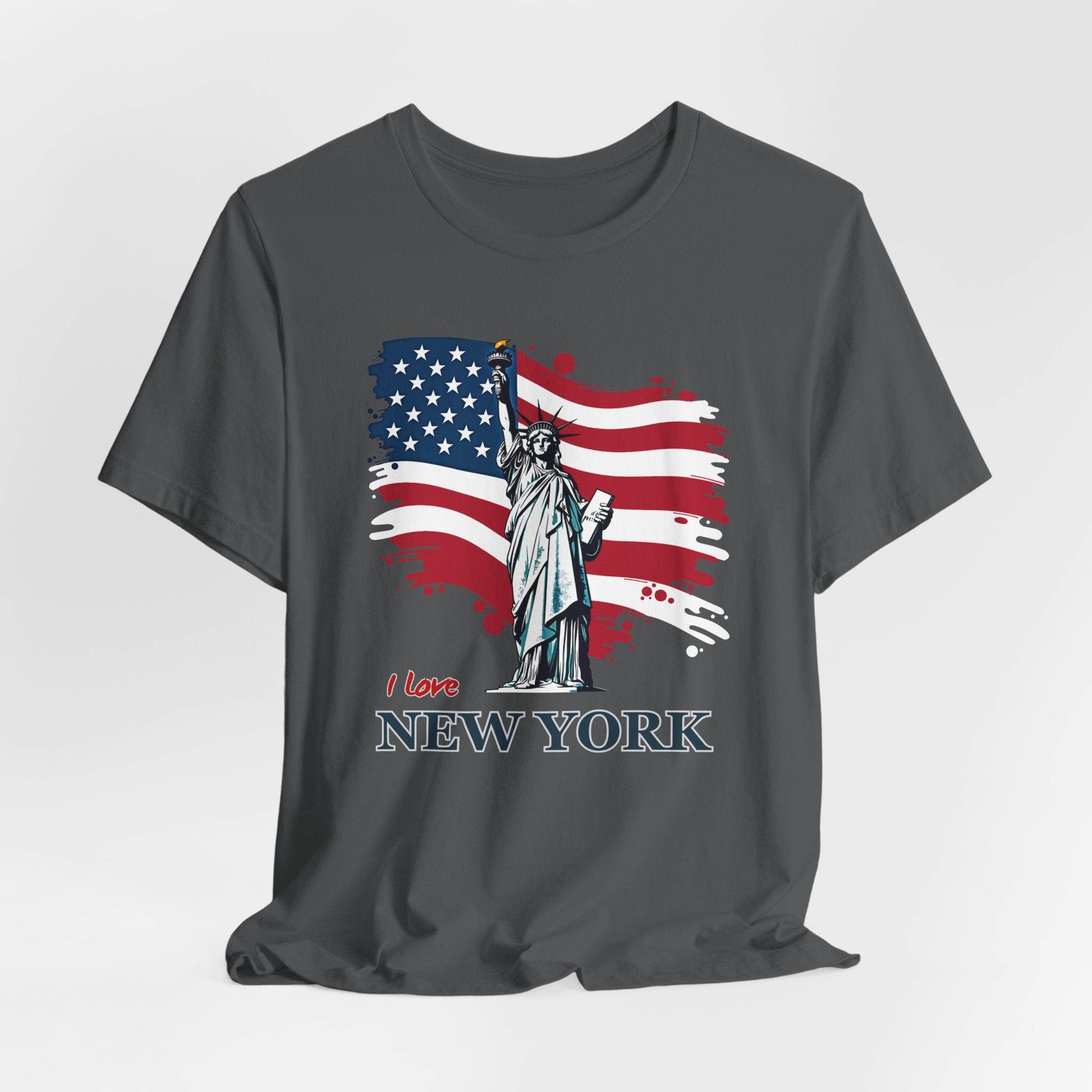 Asphalt gray t-shirt with Statue of Liberty and American flag design with I love New York text on a white background