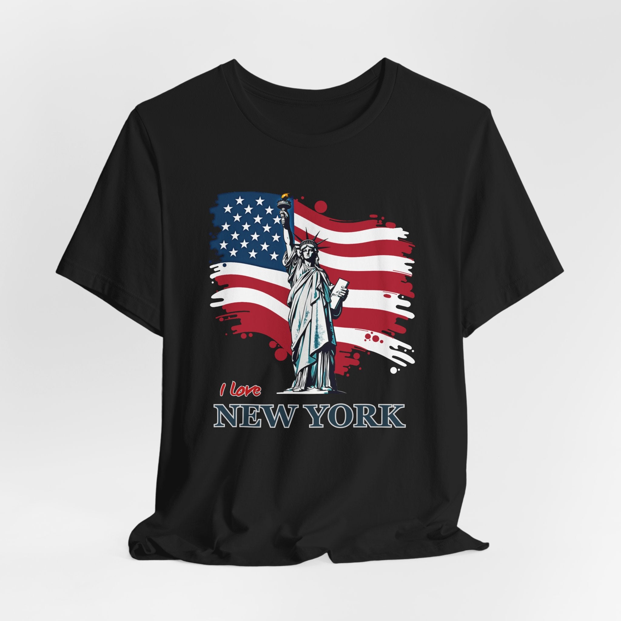 Black t-shirt with Statue of Liberty and American flag design with I love New York text on a white background
