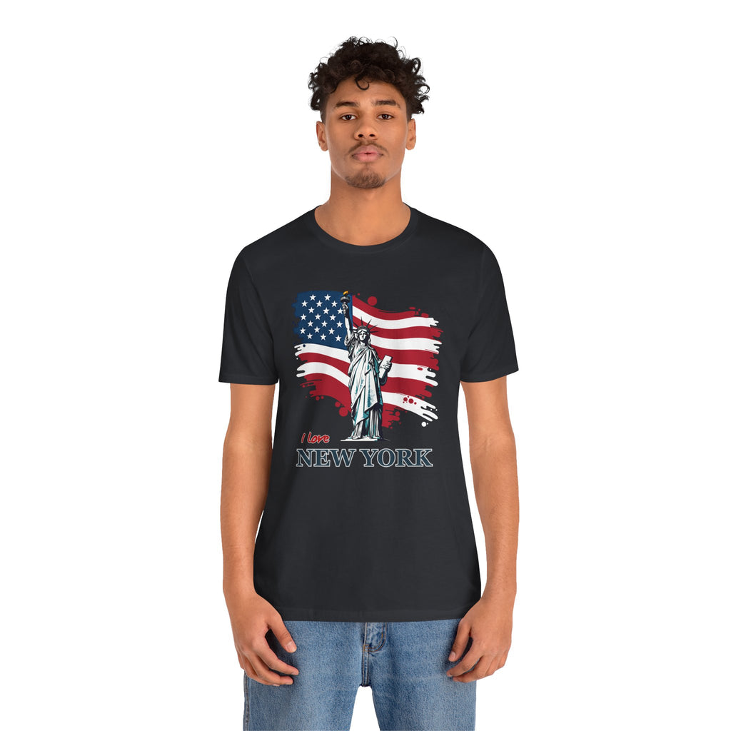 Person wearing a black t-shirt with an American flag and Statue of Liberty graphic, text 'I love New York' on a white background.