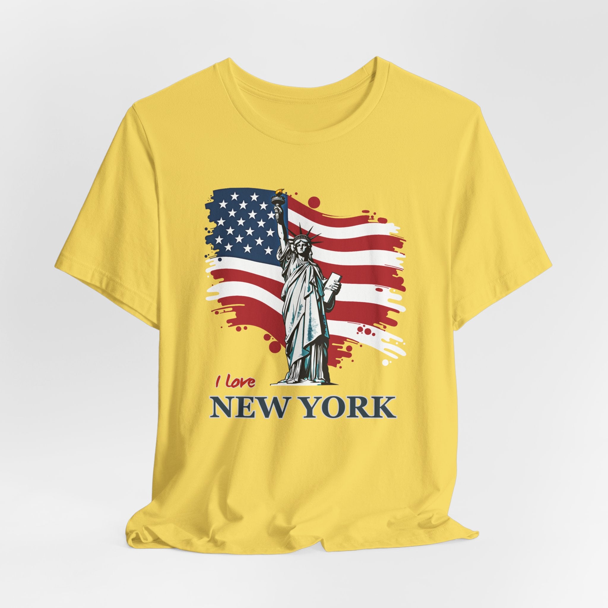 Maze yellow t-shirt with Statue of Liberty and American flag design with I love New York text on a white background
