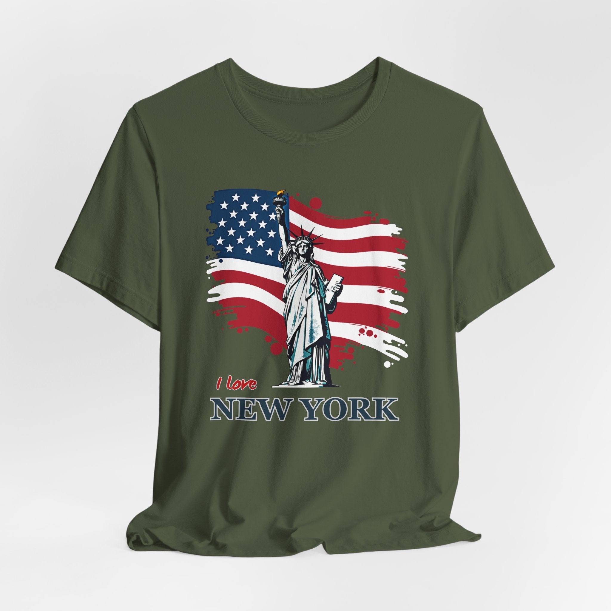 Military green t-shirt with Statue of Liberty and American flag design with I love New York text on a white background