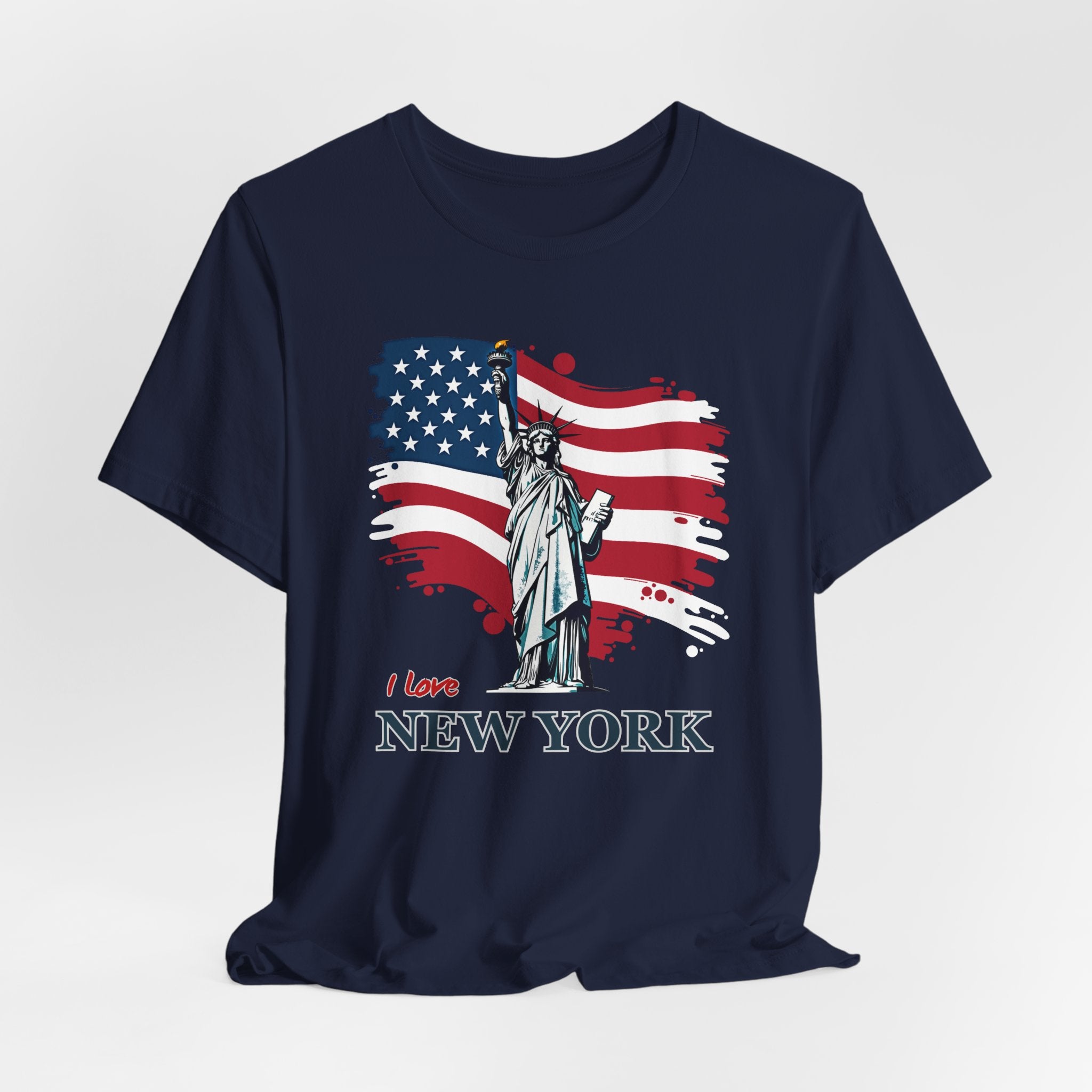 Navy blue t-shirt with Statue of Liberty and American flag design with I love New York text on a white background