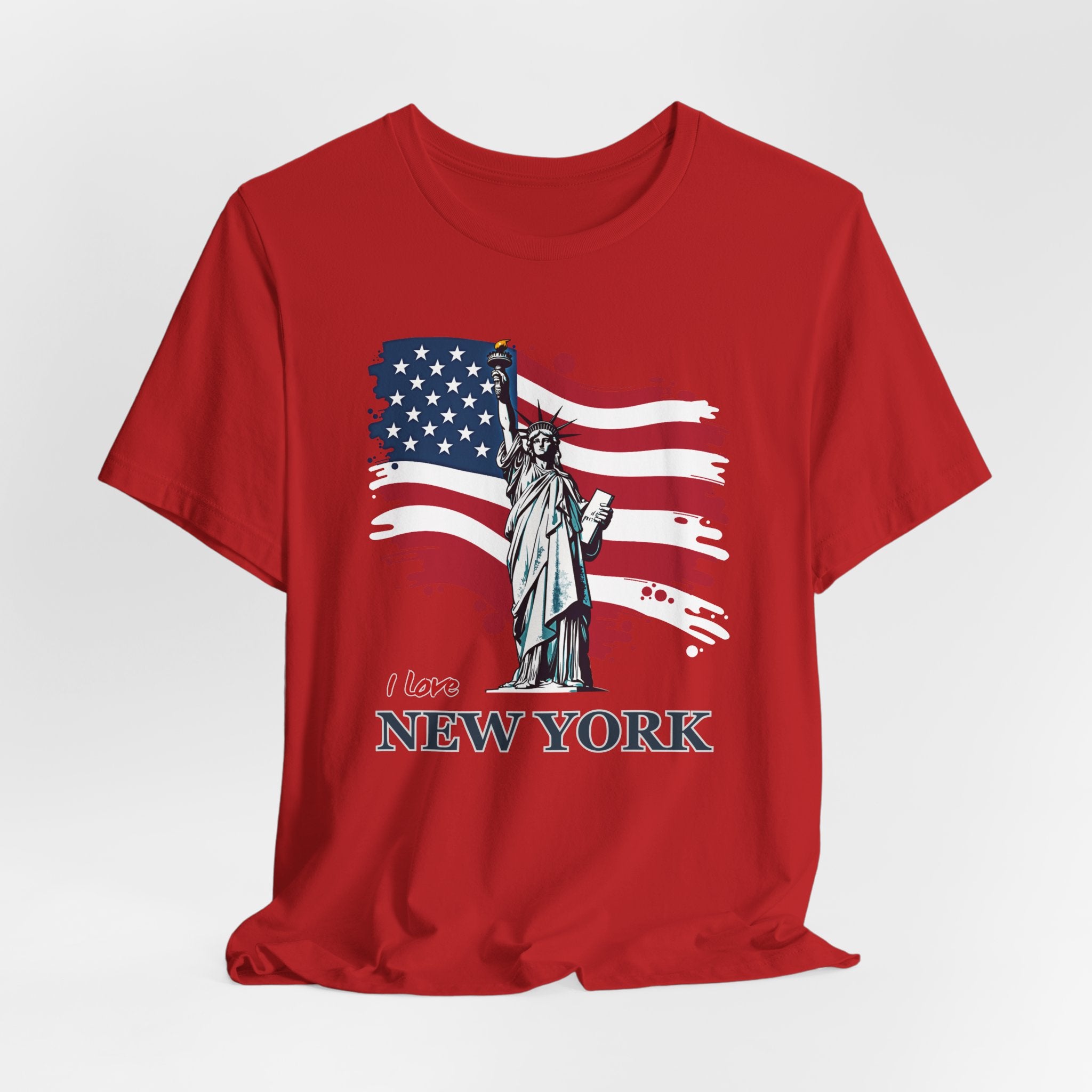 Red t-shirt with Statue of Liberty and American flag design with I love New York text on a white background