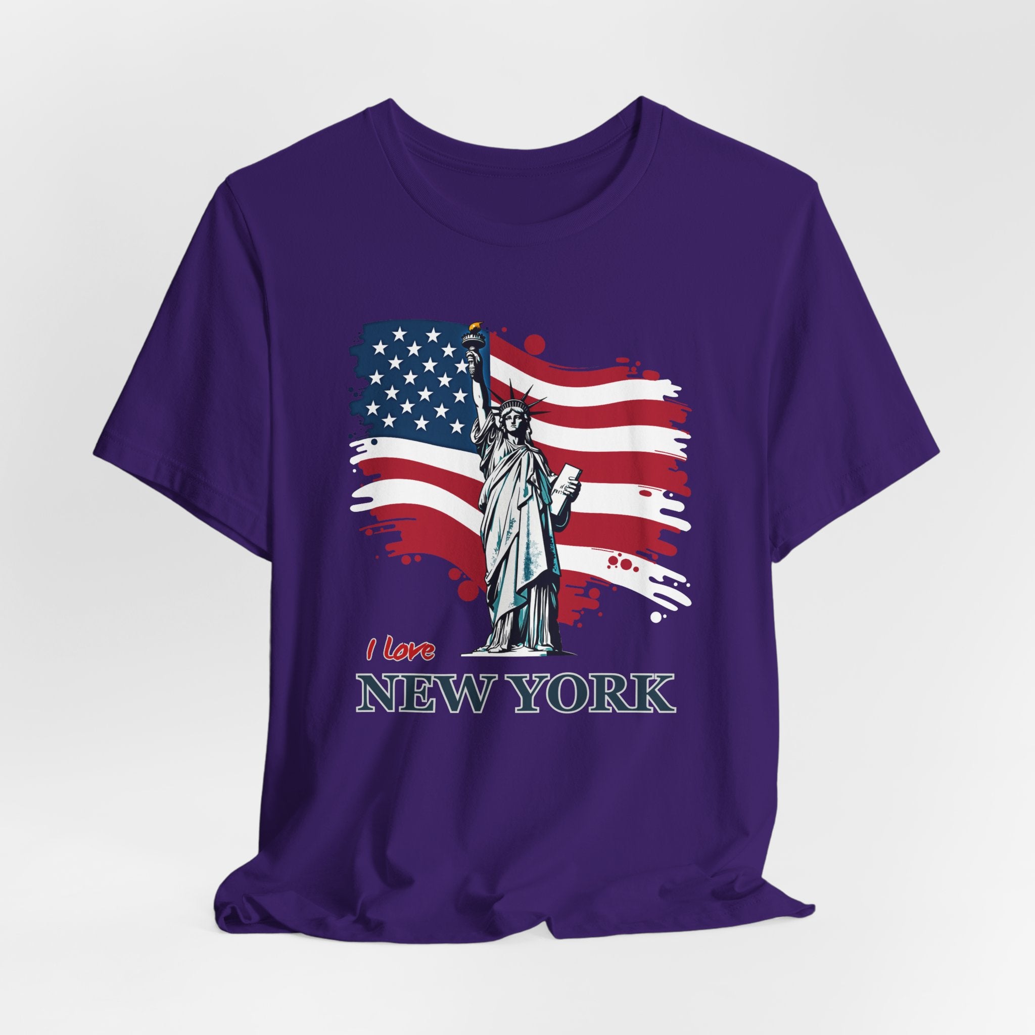 Purple t-shirt with Statue of Liberty and American flag design with I love New York text on a white background