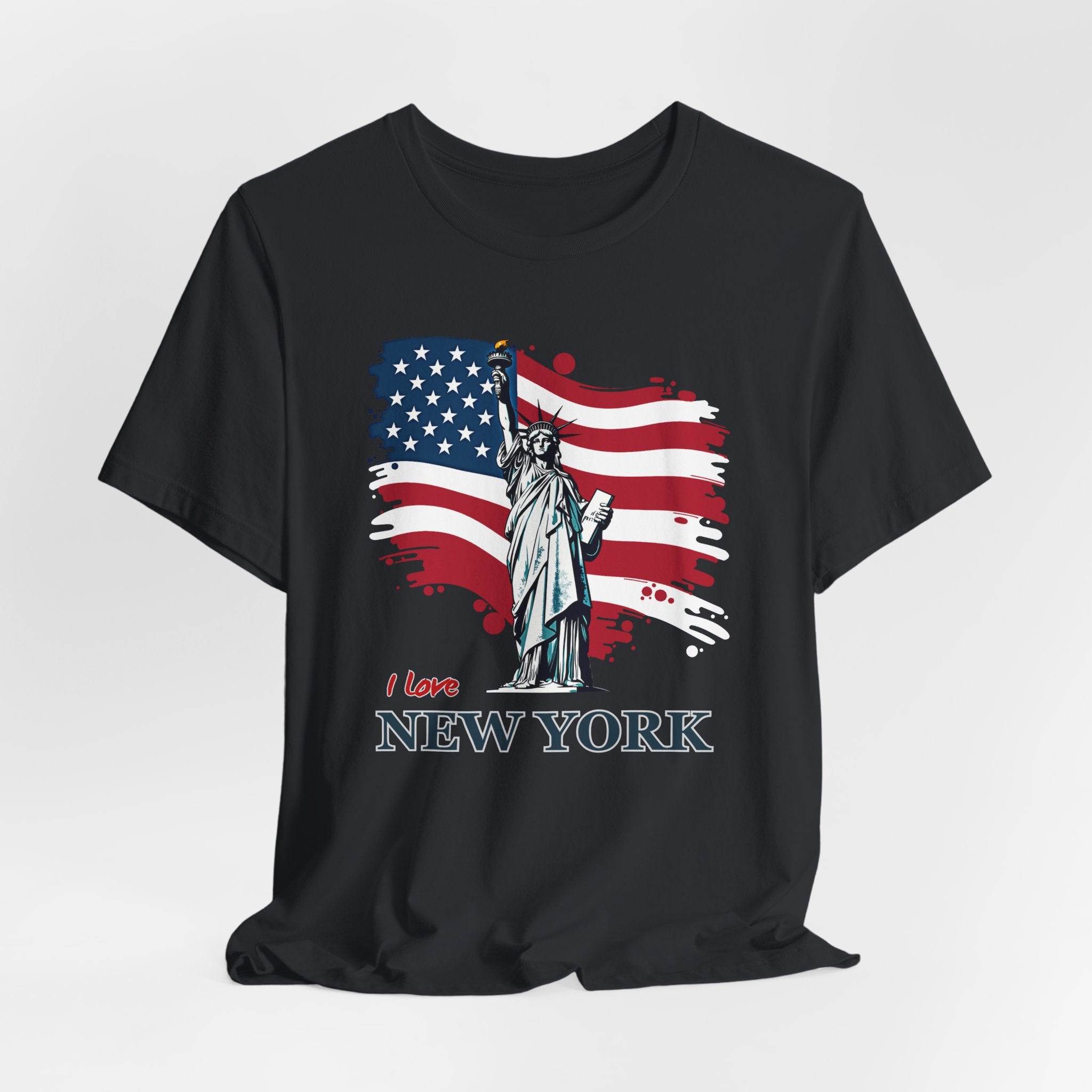 Vintage black t-shirt with Statue of Liberty and American flag design with I love New York text on a white background