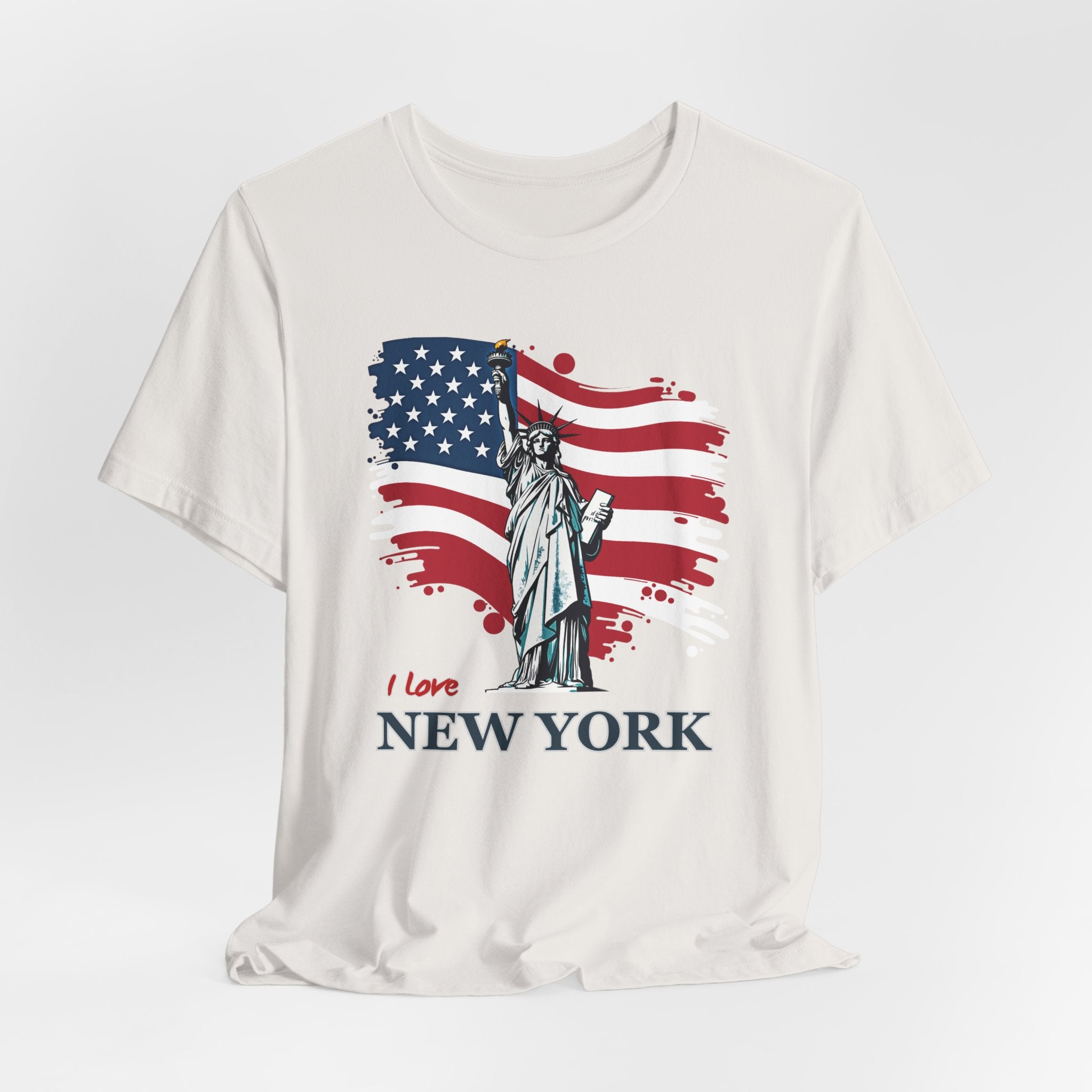 Vintage white t-shirt with Statue of Liberty and American flag design with I love New York text on a white background
