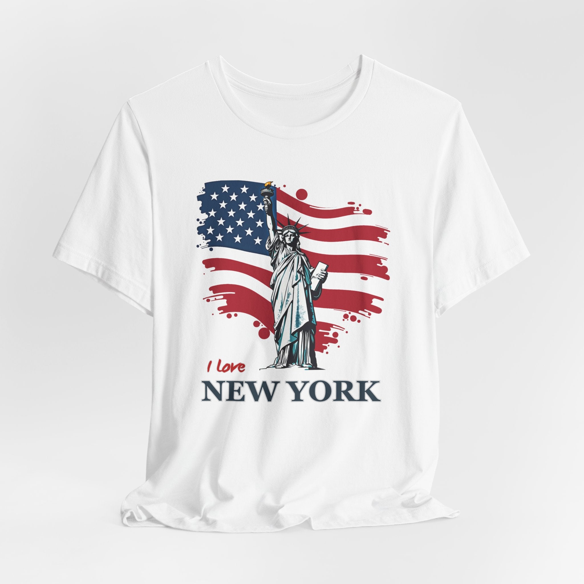 White t-shirt with Statue of Liberty and American flag design with I love New York text on a white background