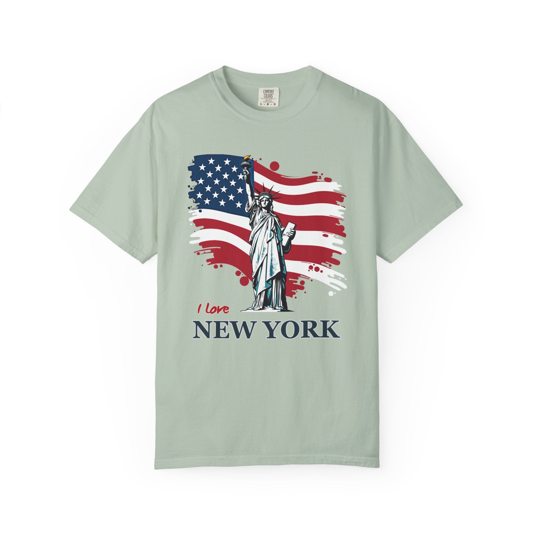 Bay light green t-shirt with Statue of Liberty and American flag design on a white background