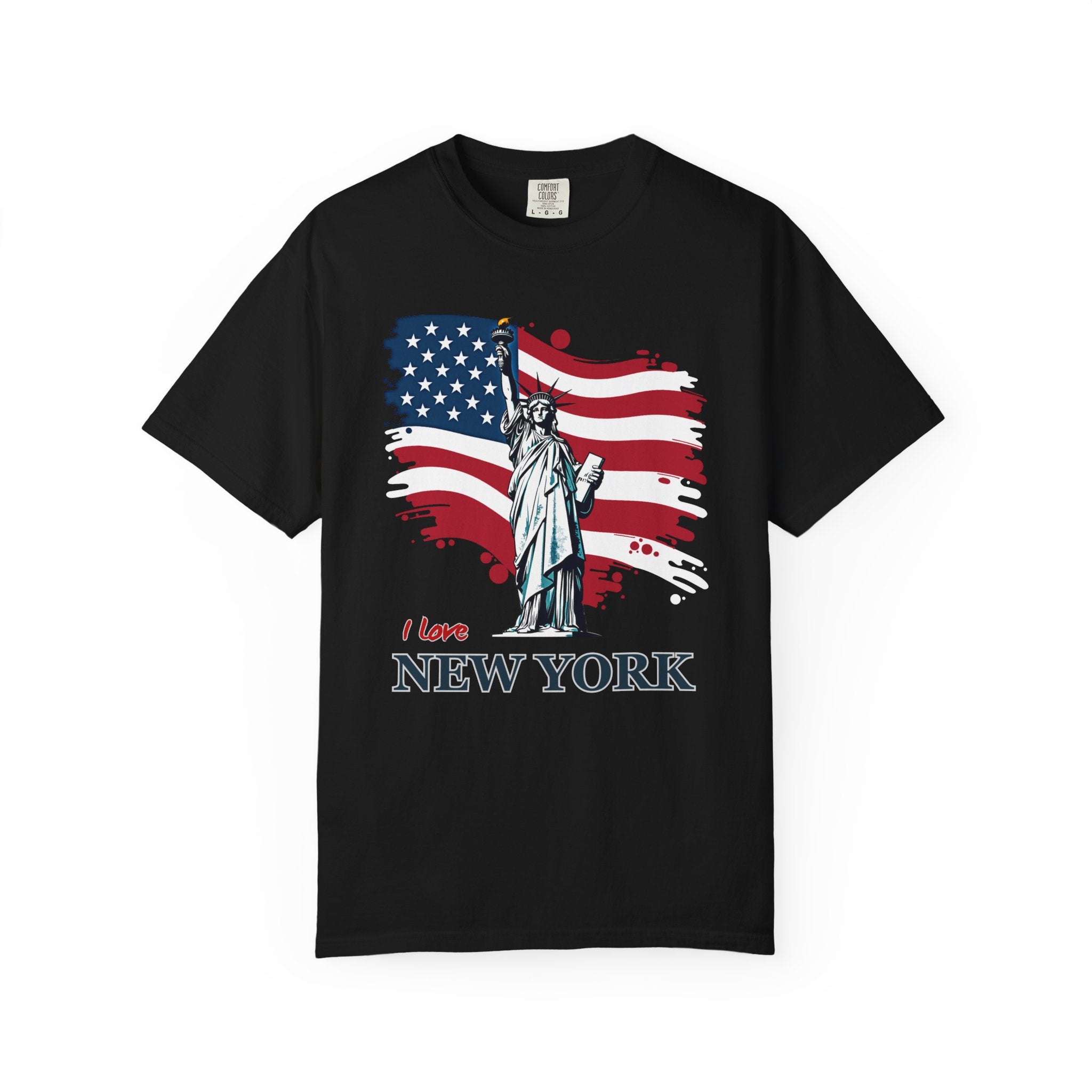 Black t-shirt with Statue of Liberty and American flag design on a white background