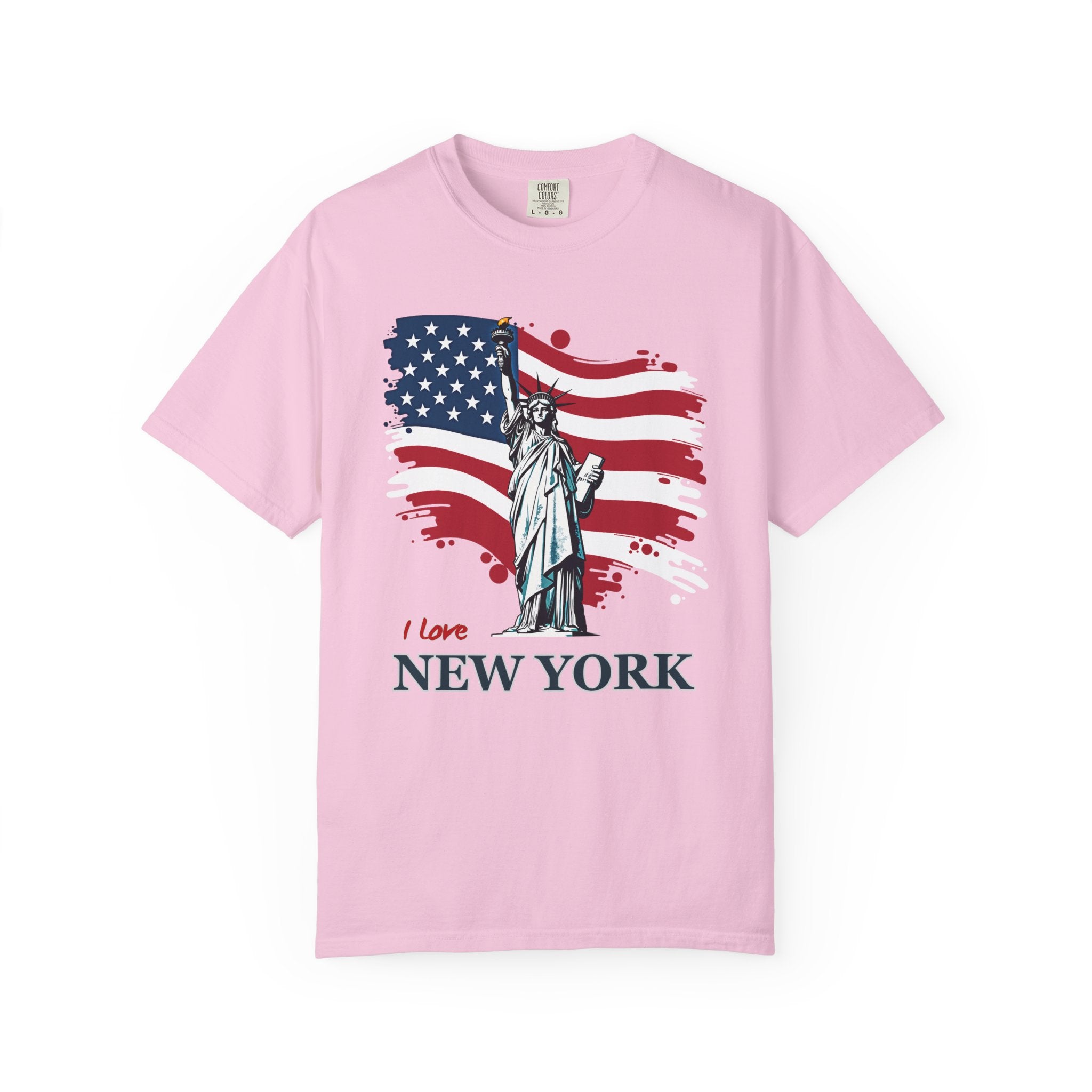 Blossom pink t-shirt with Statue of Liberty and American flag design on a white background