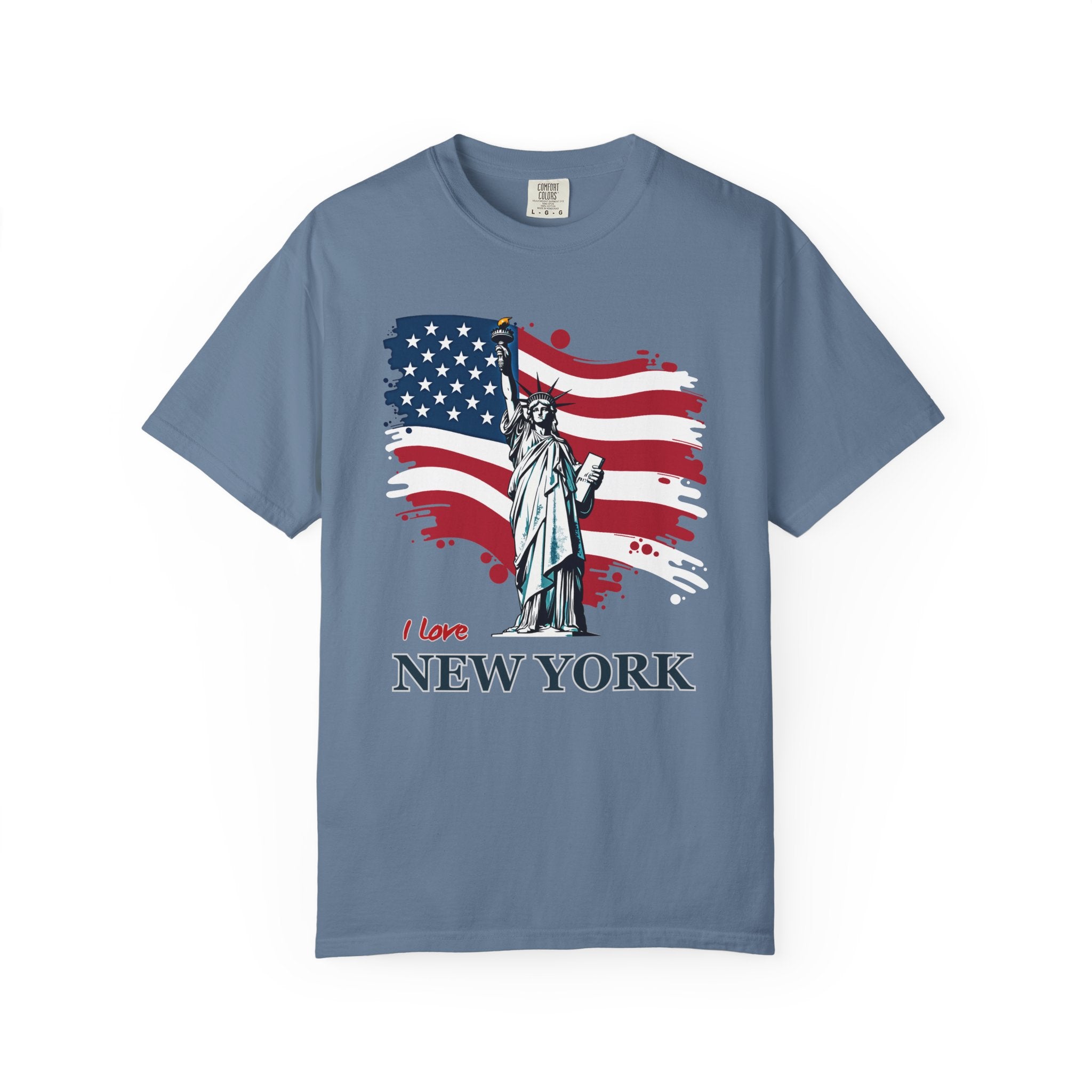 Blue jean t-shirt with Statue of Liberty and American flag design on a white background