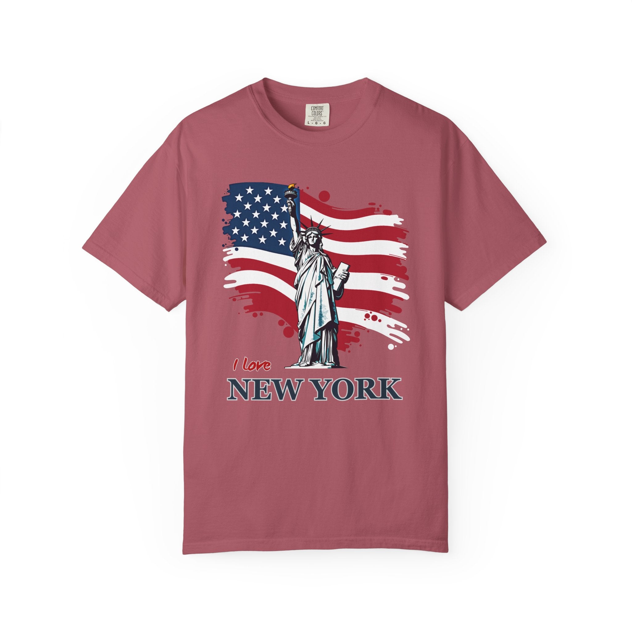 Maroon t-shirt with Statue of Liberty and American flag design on a white background
