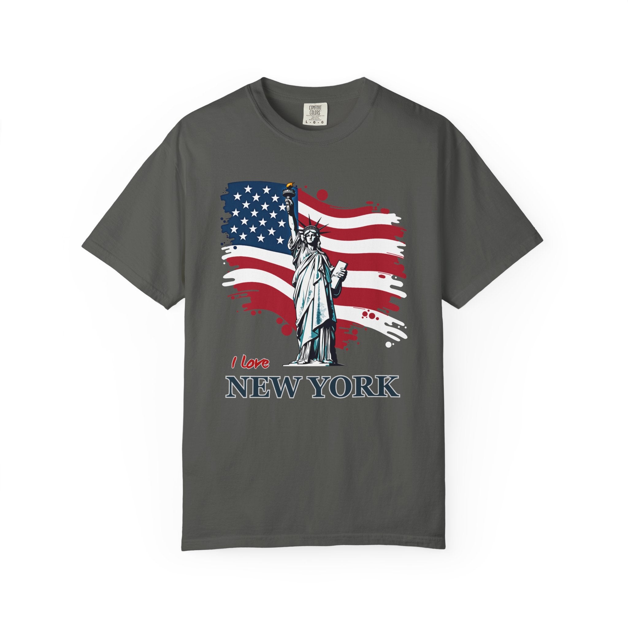 Graphite gray t-shirt with Statue of Liberty and American flag design on a white background