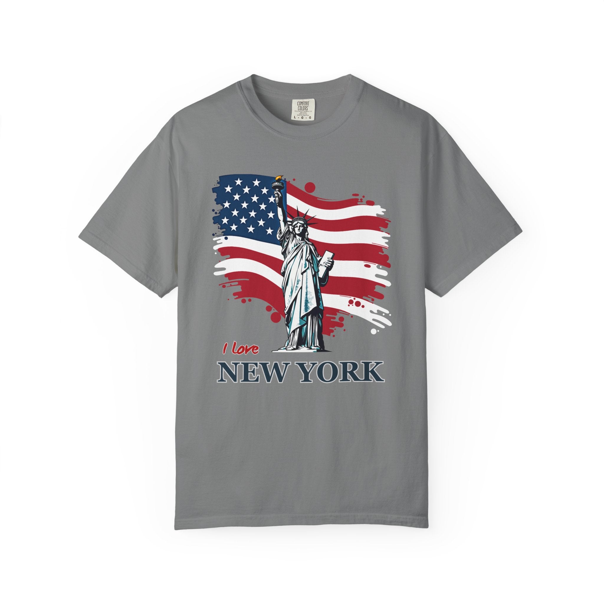 Grey t-shirt with Statue of Liberty and American flag design on a white background