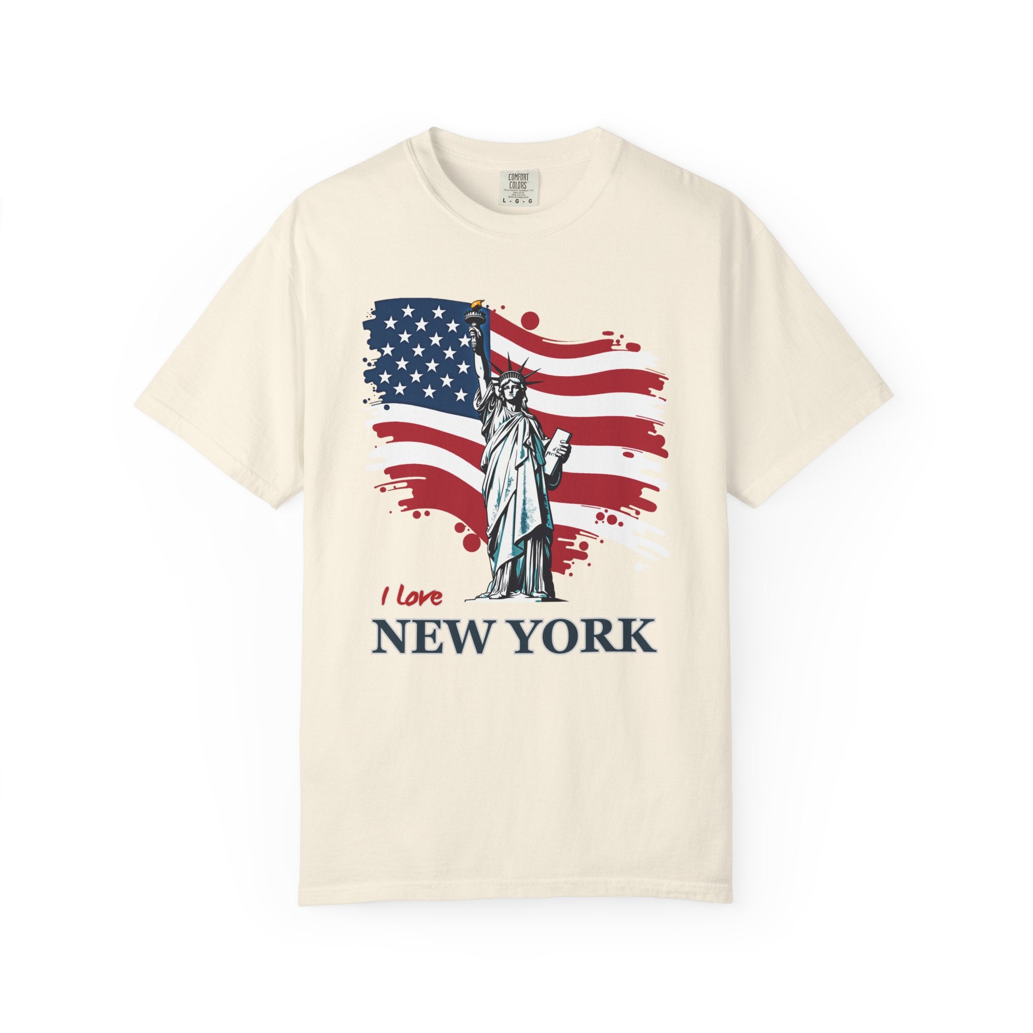 Ivory beige t-shirt with Statue of Liberty and American flag design on a white background
