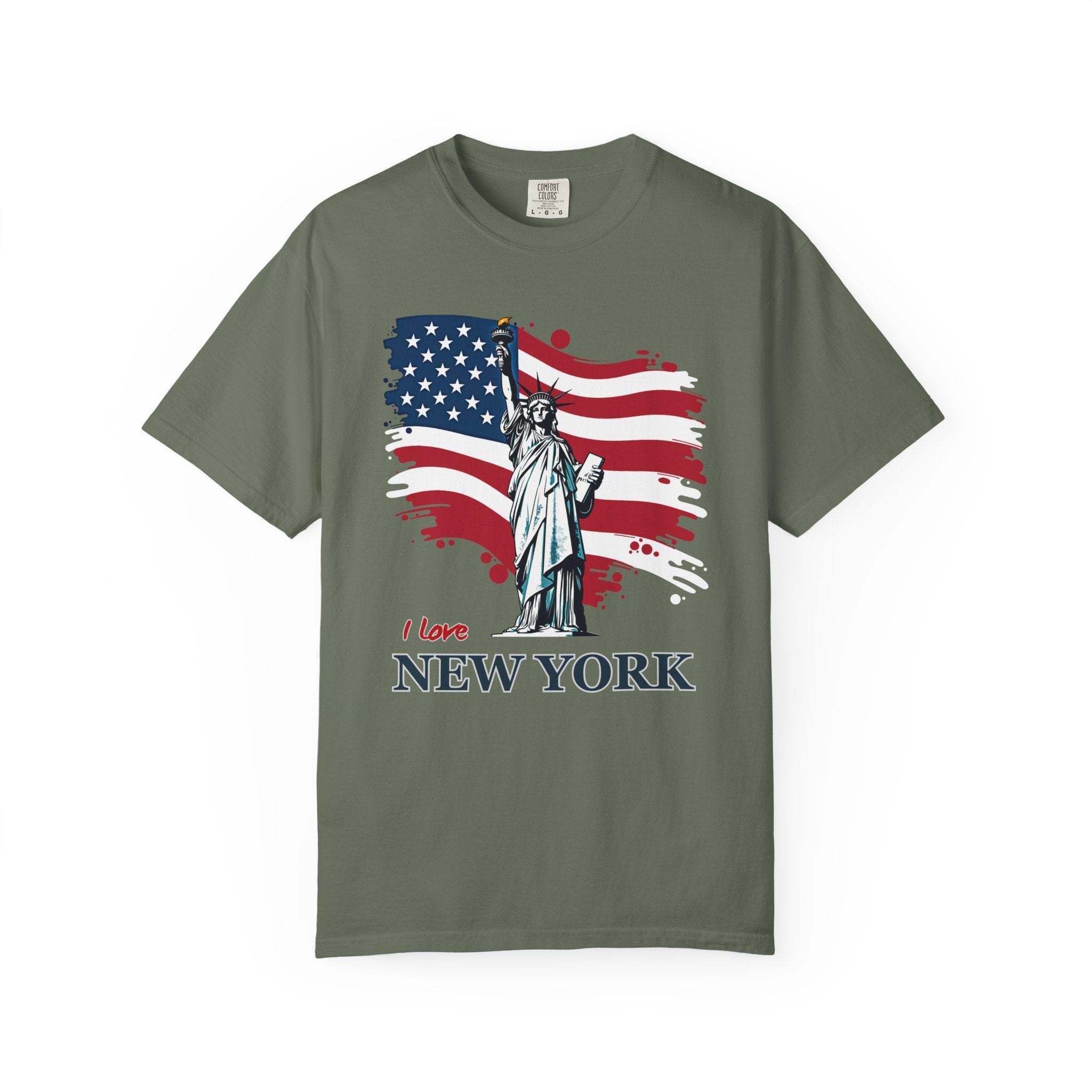 Moss green t-shirt with American flag and Statue of Liberty graphic on a white background