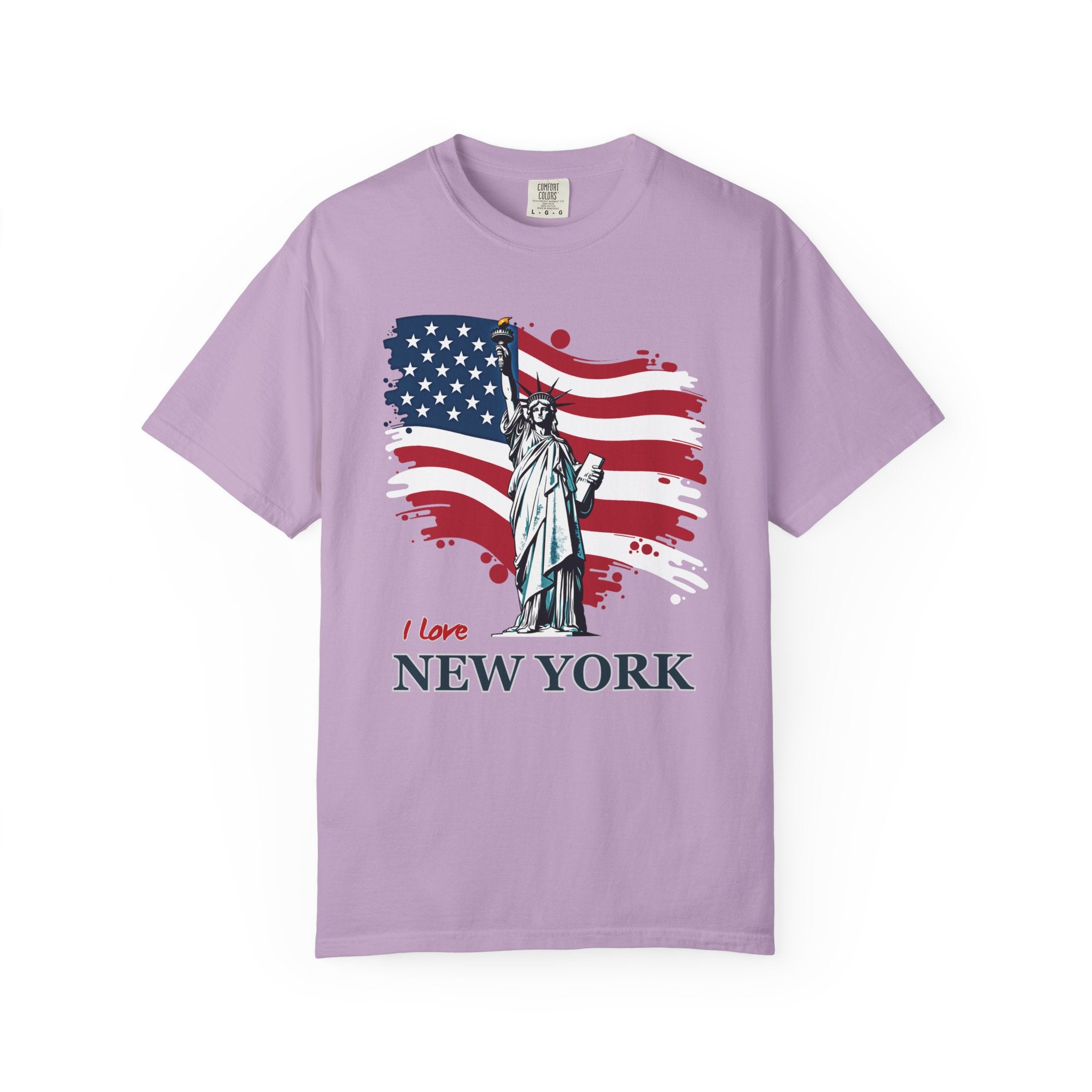 Orchid purple t-shirt with Statue of Liberty and American flag design on a white background