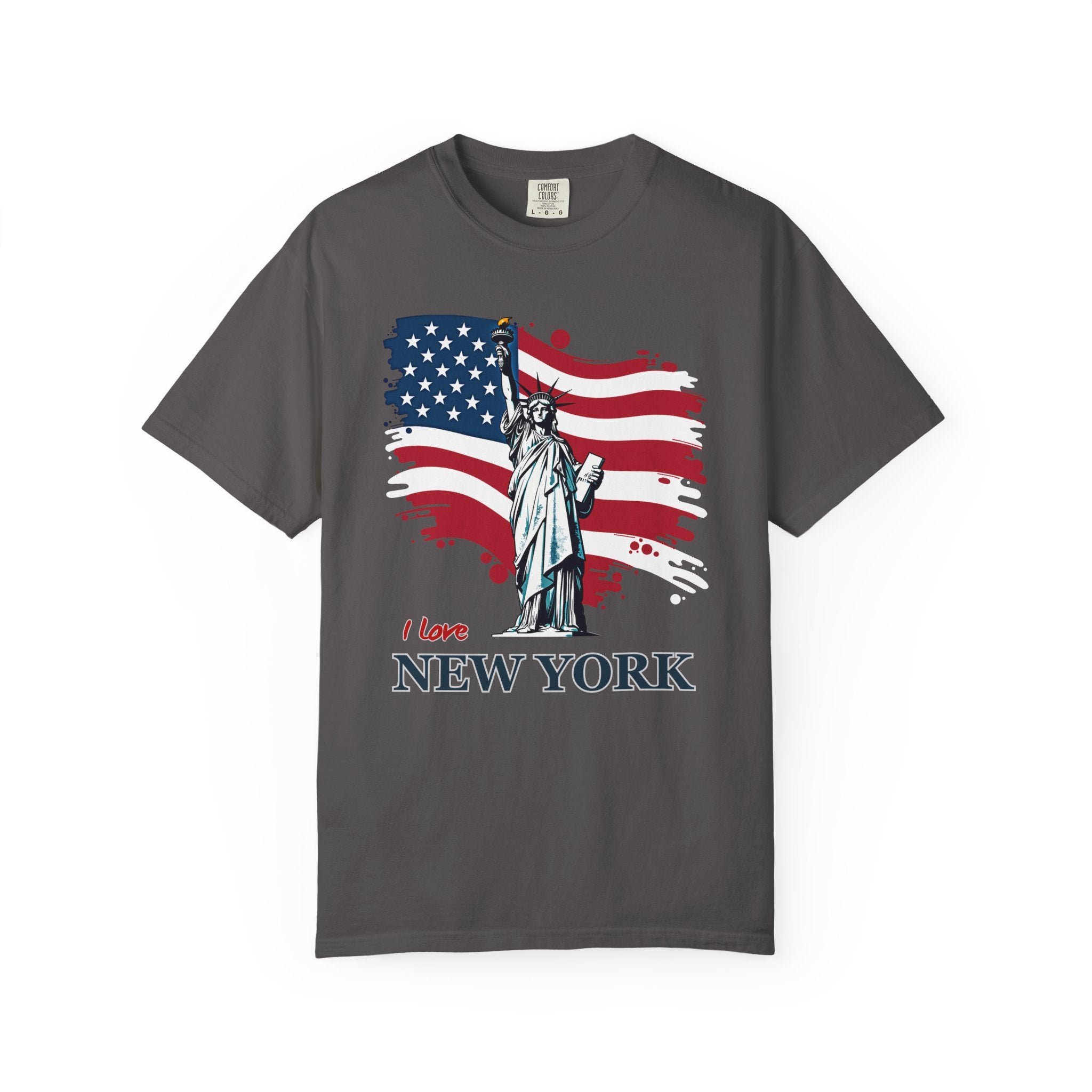 Pepper gray t-shirt with Statue of Liberty and American flag design on a white background