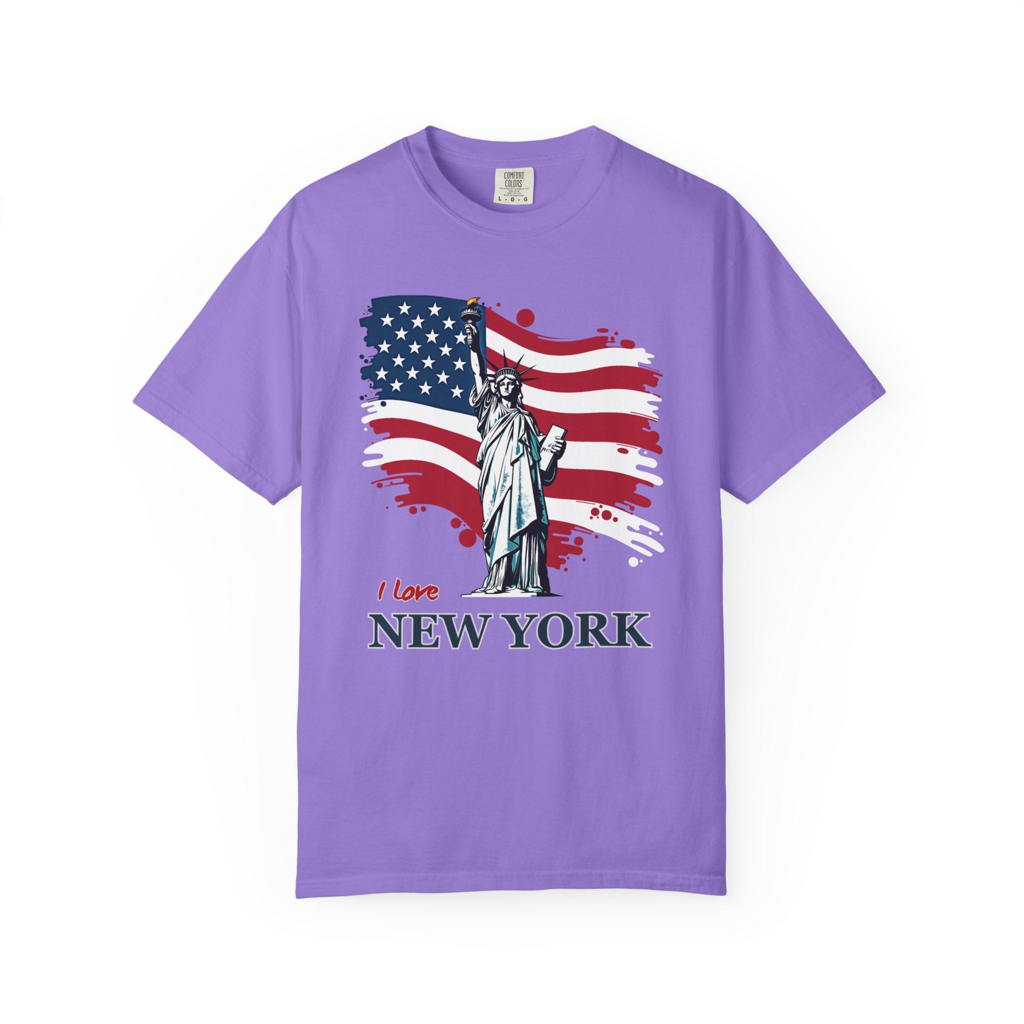 Purple t-shirt with Statue of Liberty and American flag design on a white background